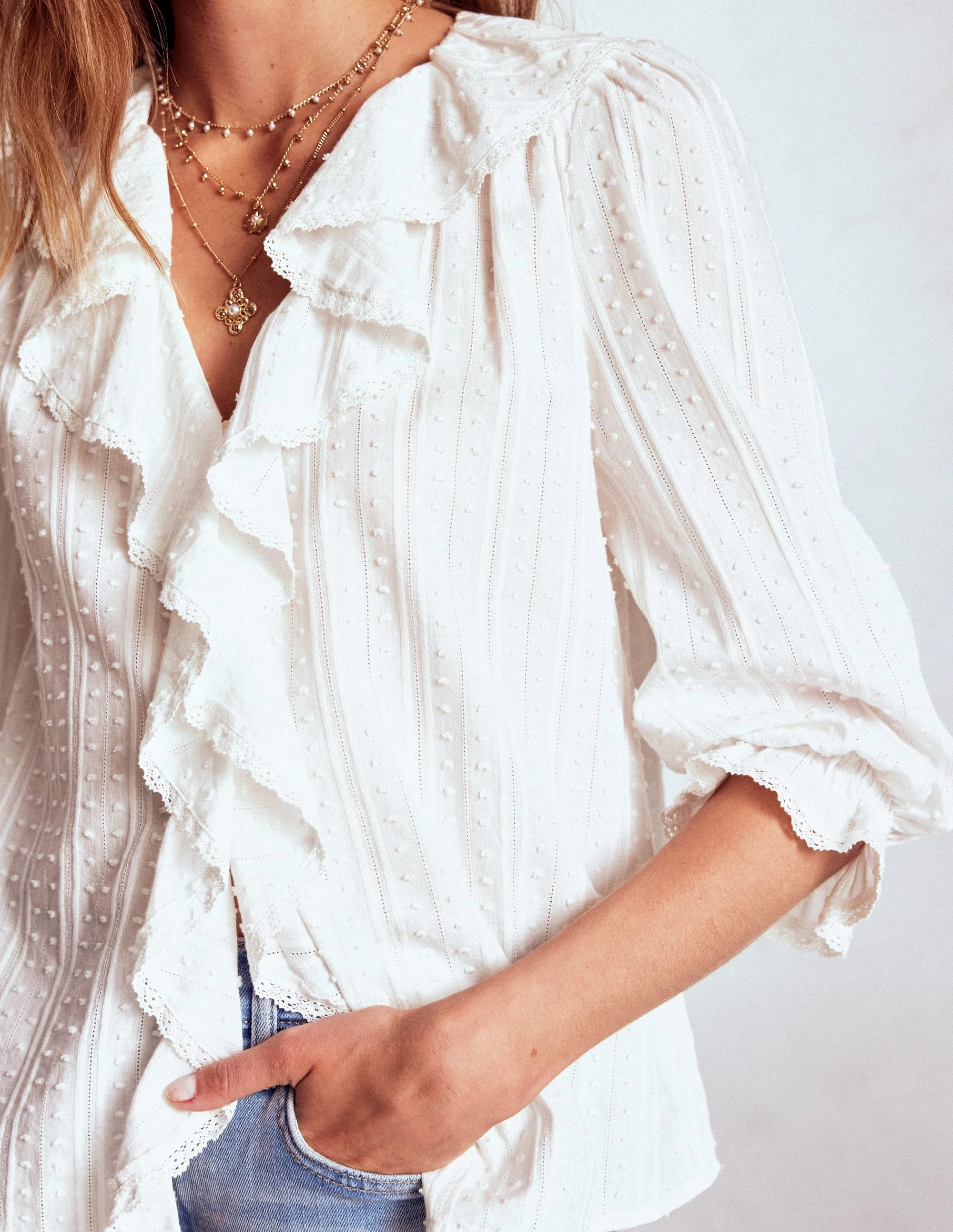 Moisture Wicking Technology Ruffle V-Neck Blouse-White