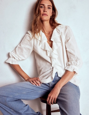 Ruffle V-Neck Blouse-White LightweightLayeringSystem