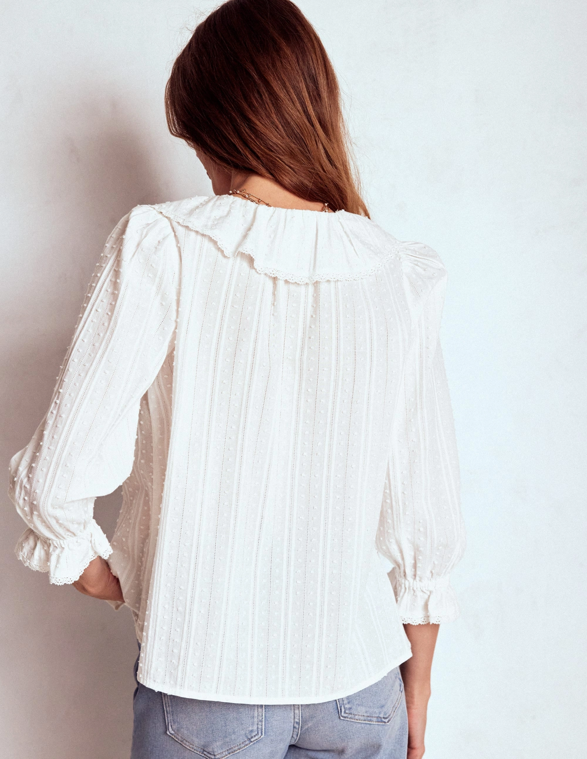 Ruffle V-Neck Blouse-White AthleisureReady Lightweight Material