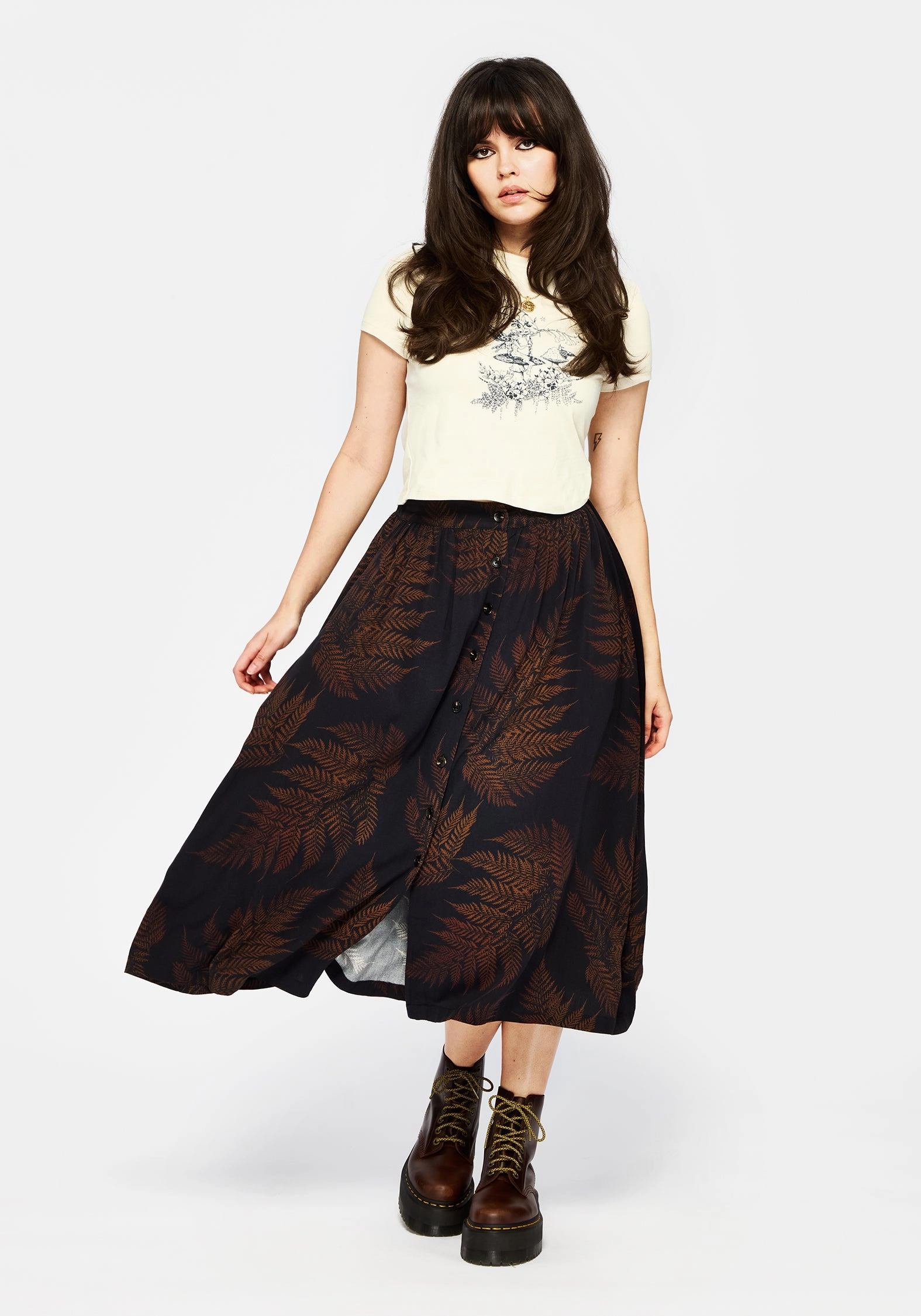 Ruin Fern Printed Midaxi Skirt - Brown Elastic hem Synthetic Blend