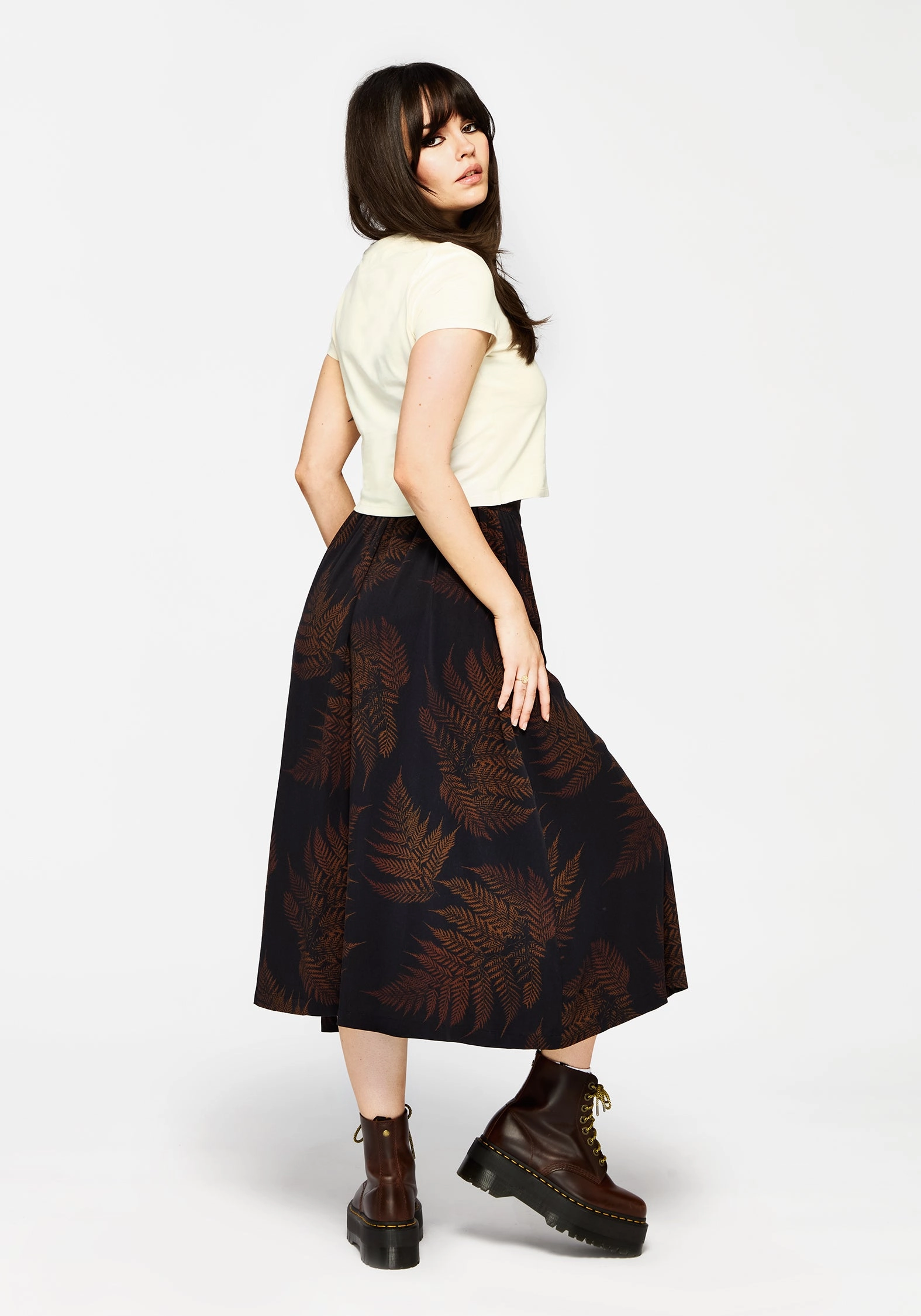 Ruin Fern Printed Midaxi Skirt - Brown Flexible Knit Outfit Mood