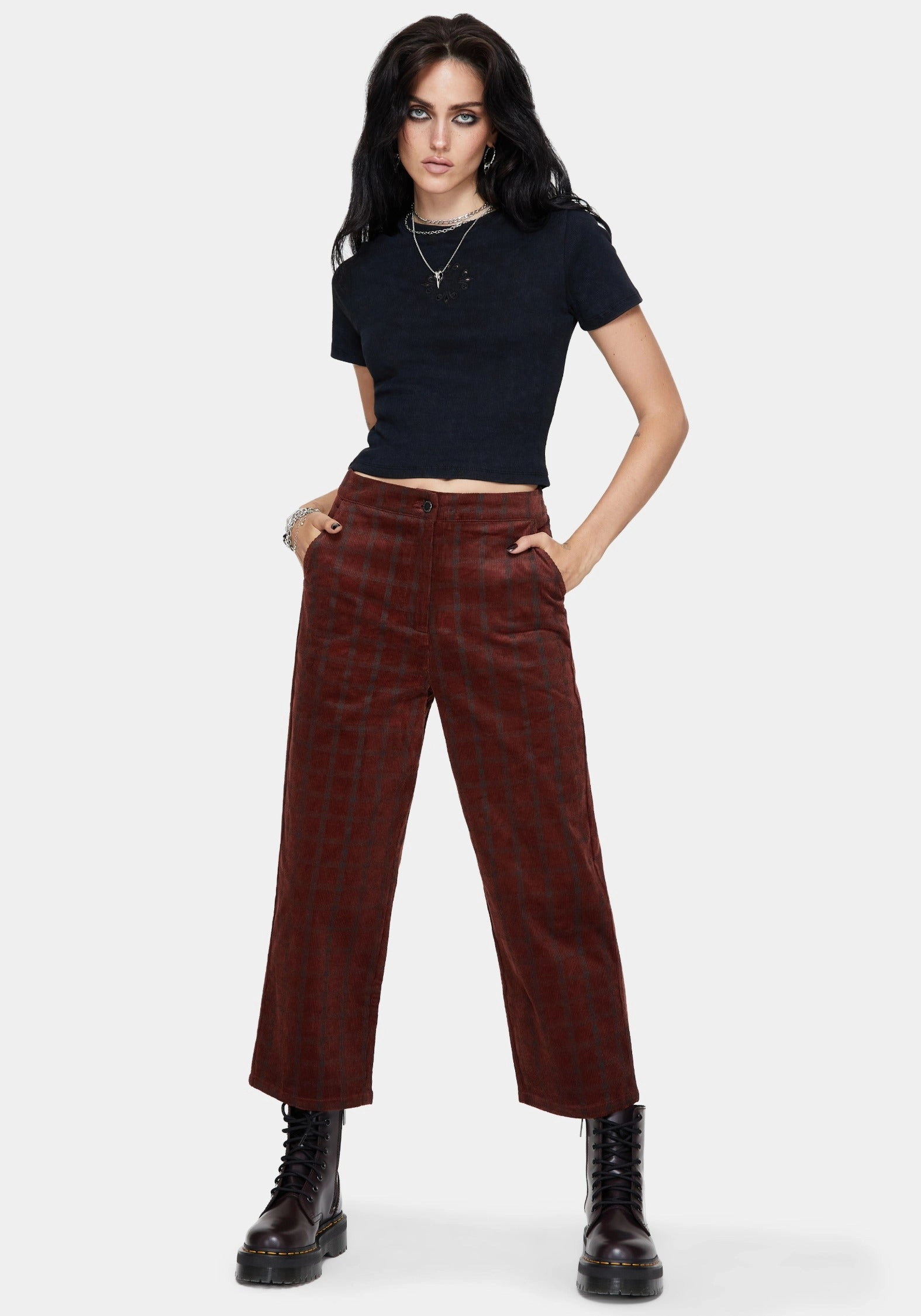 Terracotta Cotton Cord Check Straight Leg Crop Trousers Functional Fashion