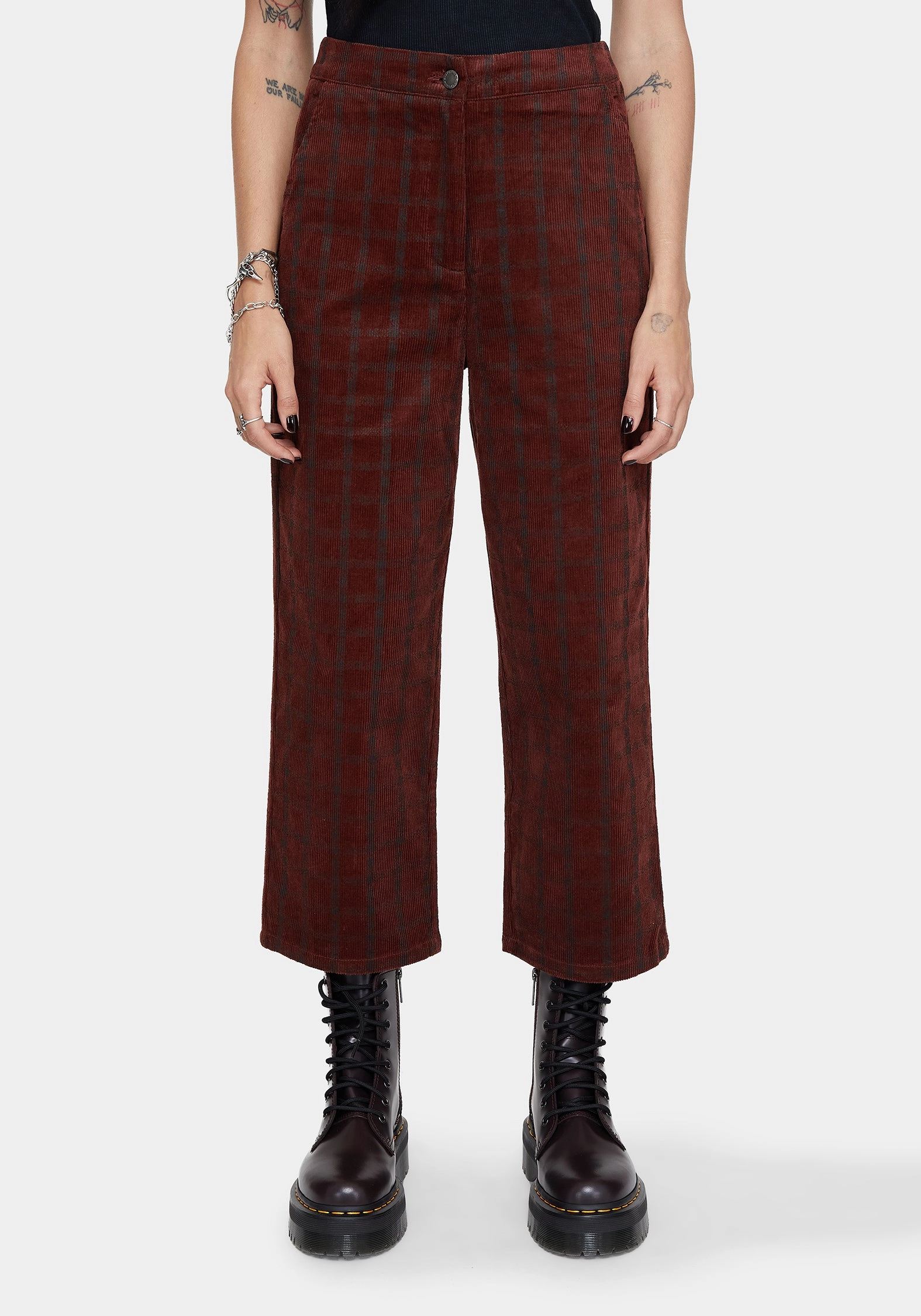 Anti Cling Finish Terracotta Cotton Cord Check Straight Leg Crop Trousers