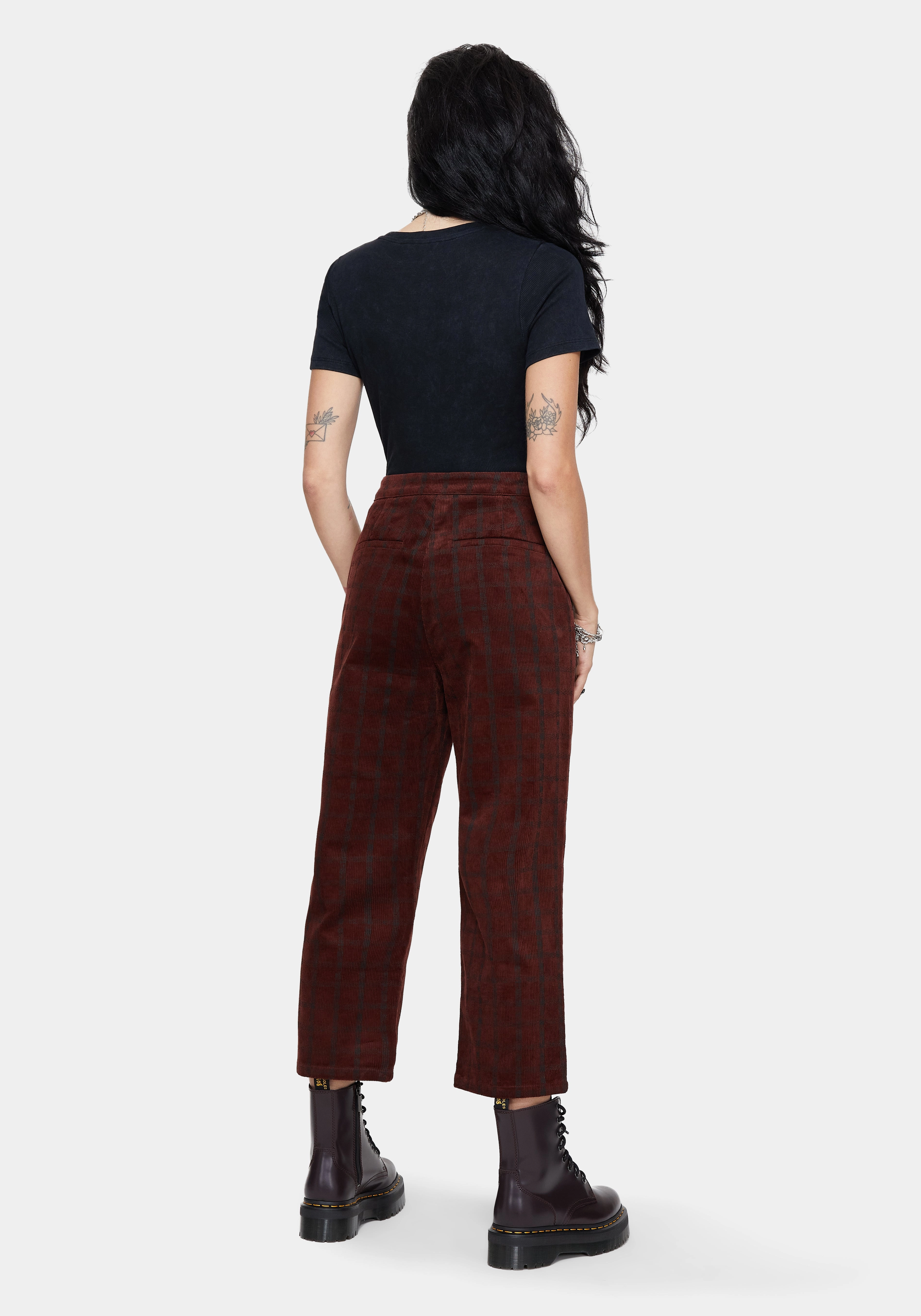 Terracotta Cotton Cord Check Straight Leg Crop Trousers Hidden Zip Pockets Reflective details