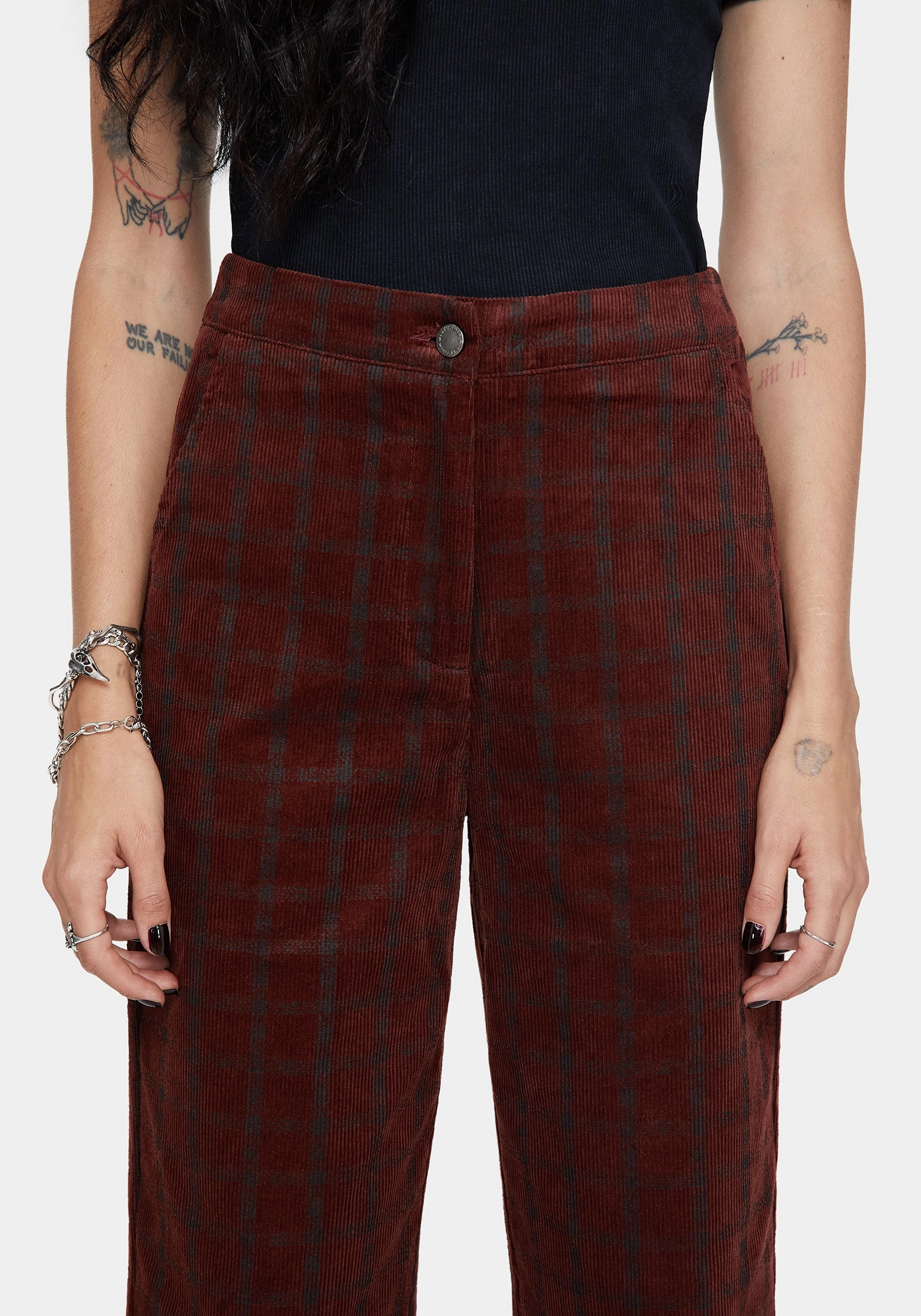 Fit Comfort Layered Wear Terracotta Cotton Cord Check Straight Leg Crop Trousers
