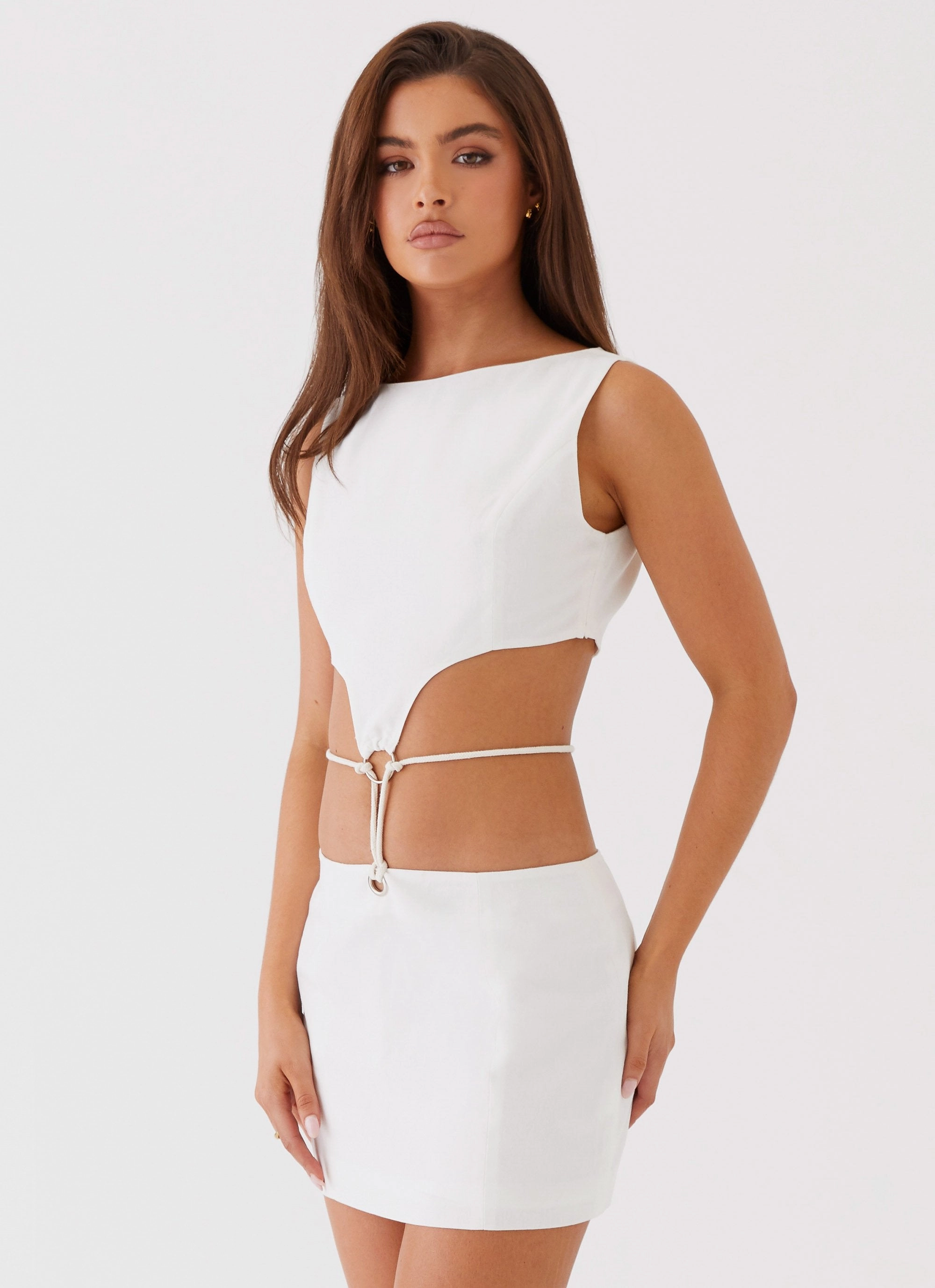 Ryann Cut Out Mini Dress - White Front-Zip Flow Friendly