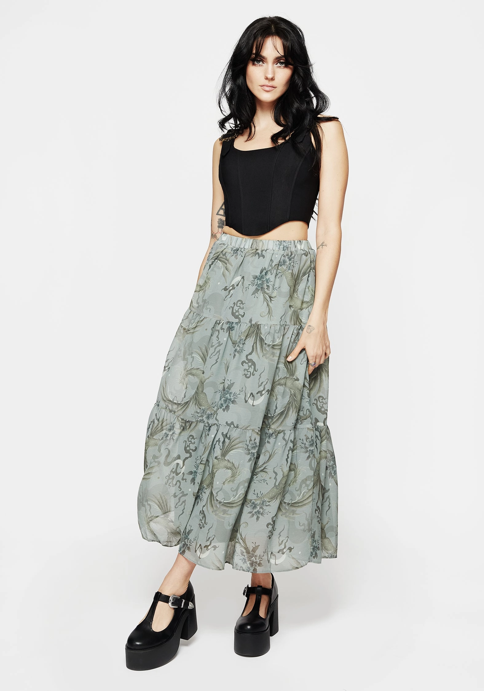 Sapphira Dragon Print Chiffon Tiered Maxi Skirt Scalloped Edge