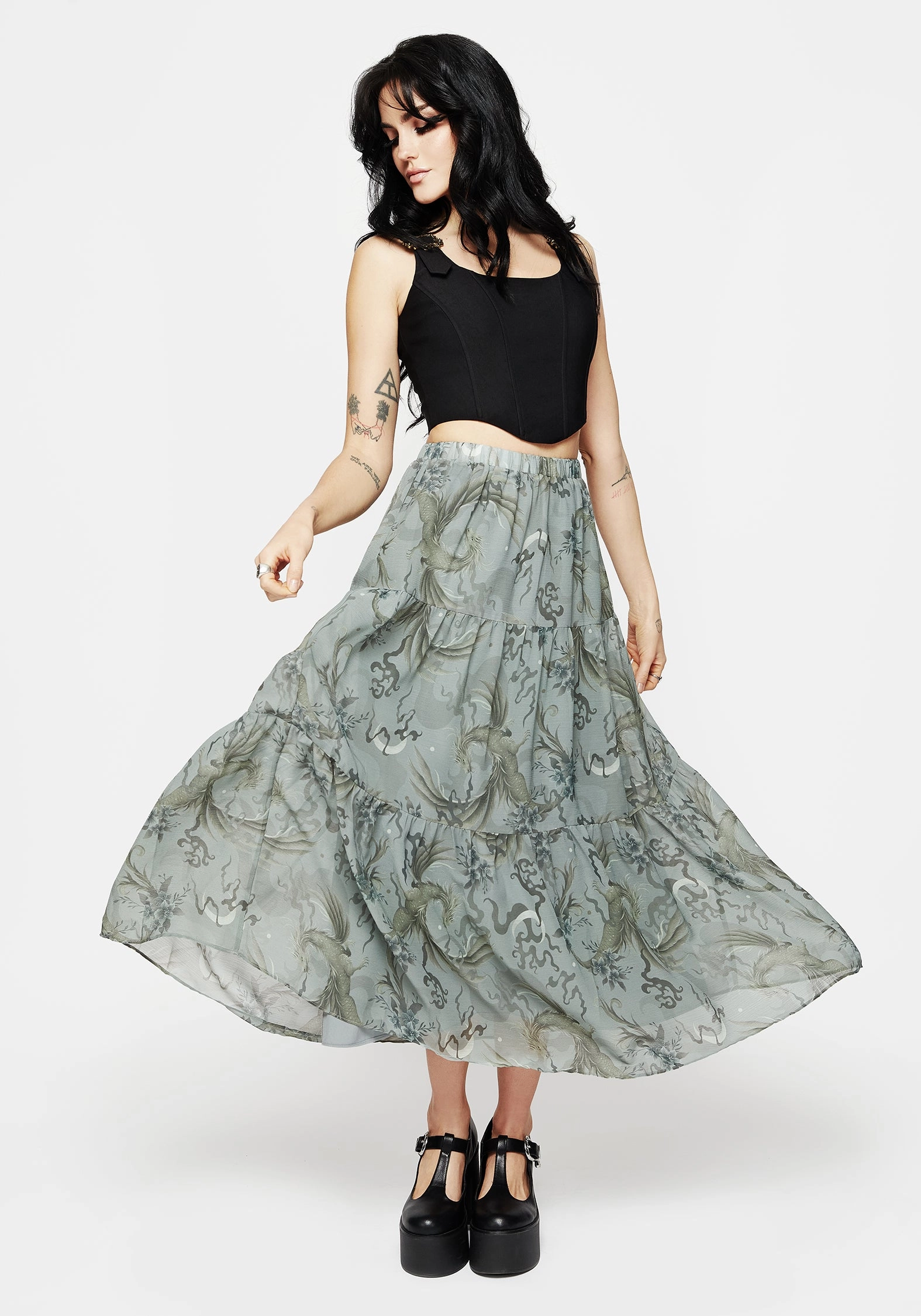 Sapphira Dragon Print Chiffon Tiered Maxi Skirt Graceful Look