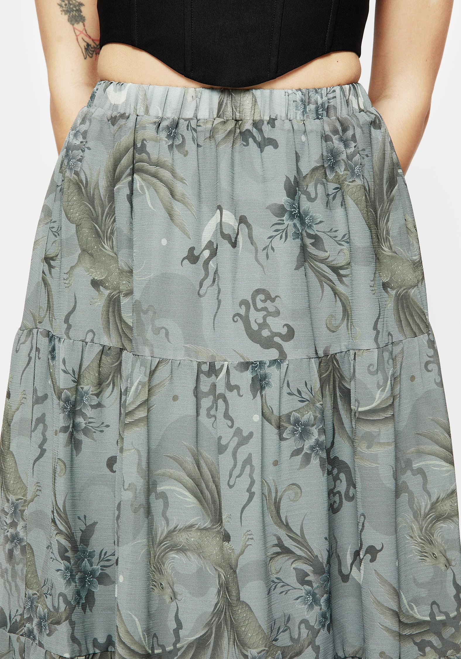 Sapphira Dragon Print Chiffon Tiered Maxi Skirt Must Have Feature Mini length