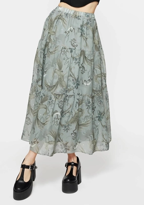 Daily Favorite Clean Cut Sapphira Dragon Print Chiffon Tiered Maxi Skirt