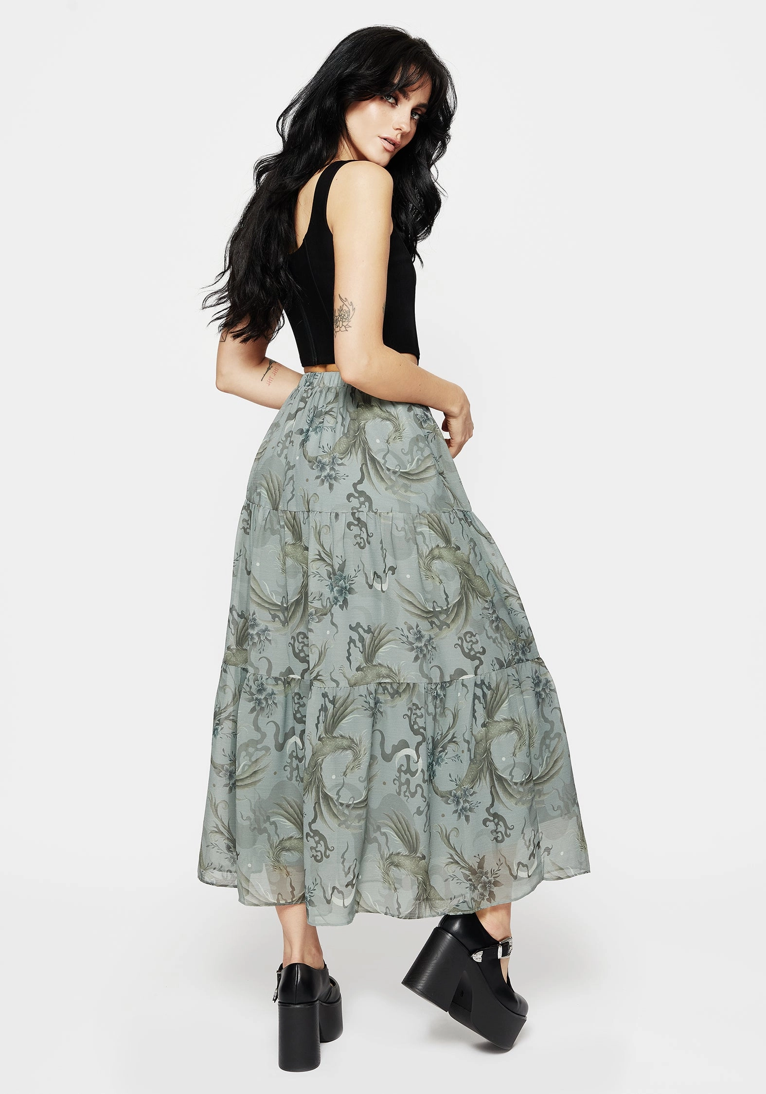 High Elasticity Material Art Gallery Visit Sapphira Dragon Print Chiffon Tiered Maxi Skirt