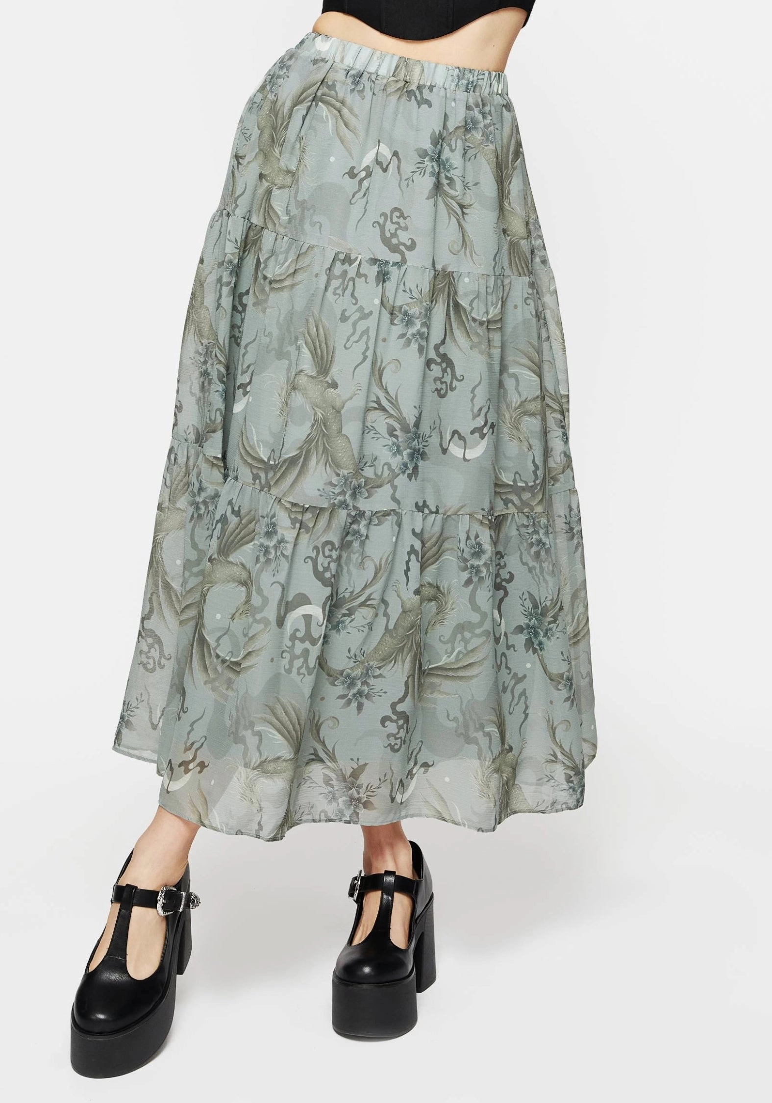 Daily Favorite Clean Cut Sapphira Dragon Print Chiffon Tiered Maxi Skirt