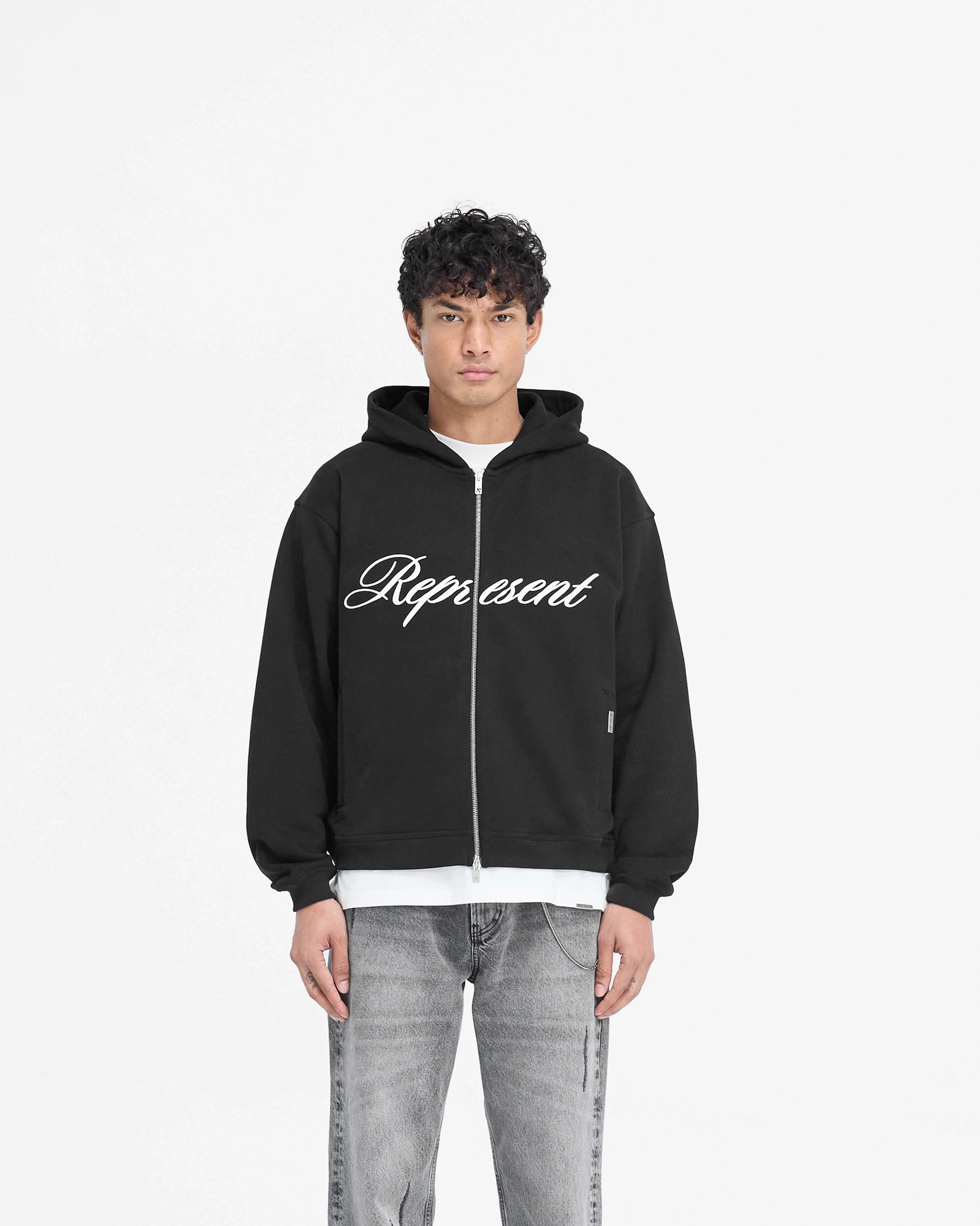Script Logo Zip Hoodie - Black Solid Color
