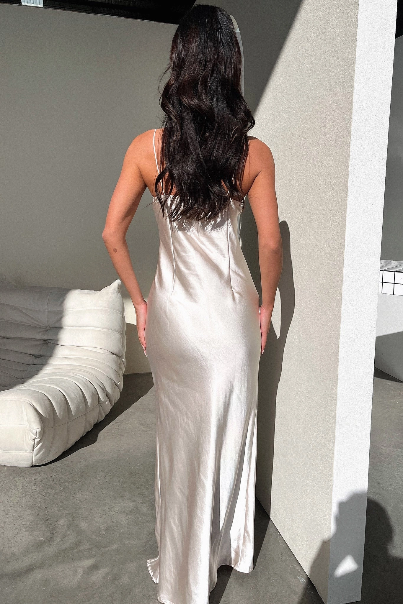 Jennifer Satin Maxi Dress - Champagne Matte-Lining