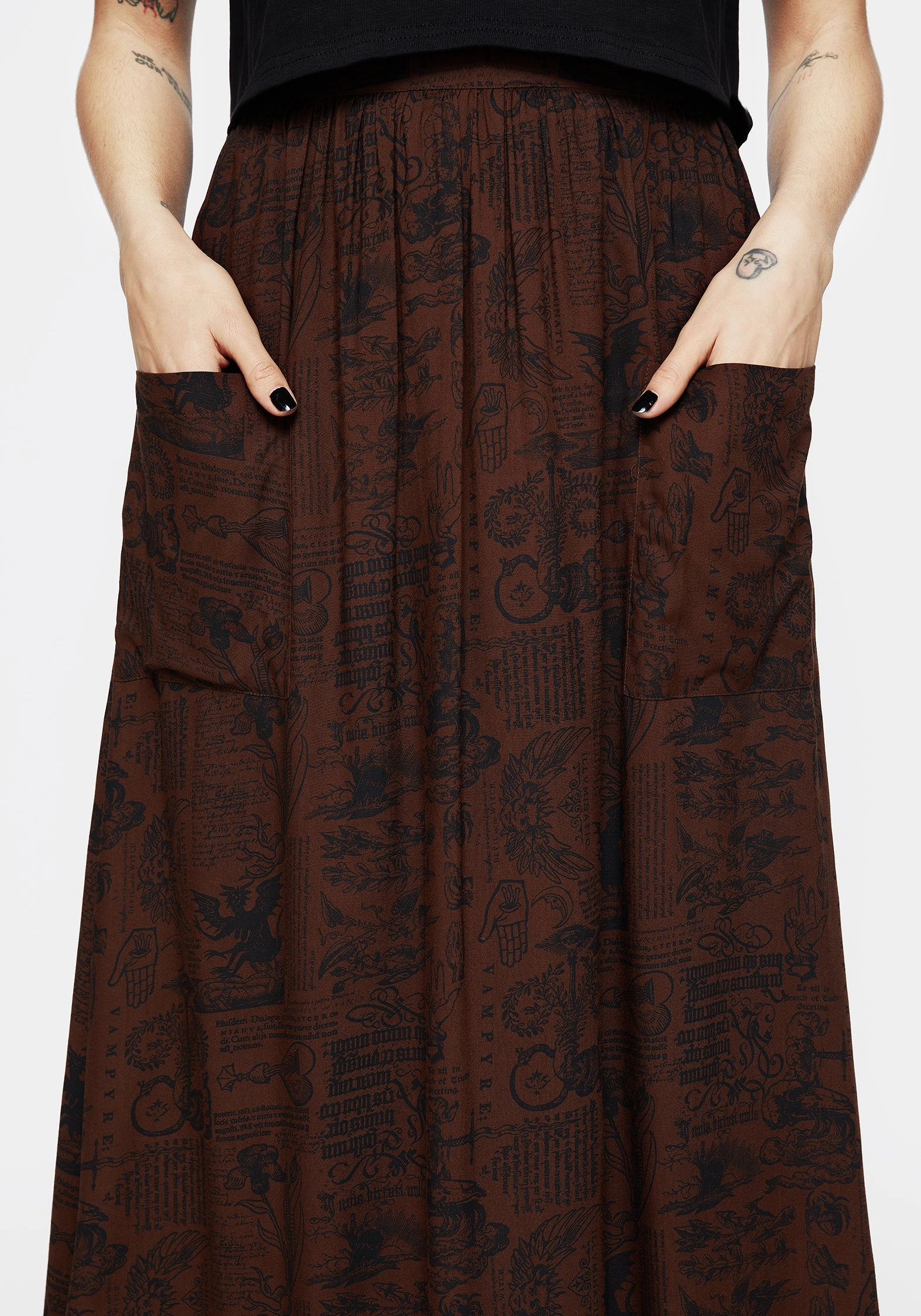 Daemonologie Woodcut Print Midaxi Skirt Quilted Texture Slip Resistant Waistband