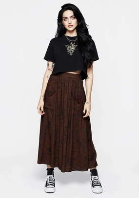 Back Slit Breezy Outfit Daemonologie Woodcut Print Midaxi Skirt