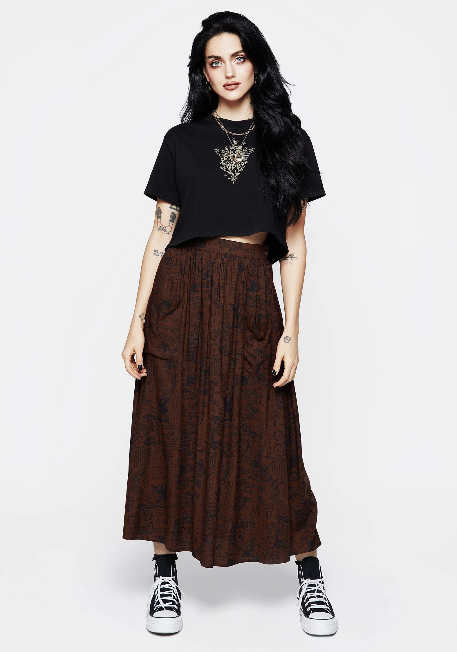 Back Slit Breezy Outfit Daemonologie Woodcut Print Midaxi Skirt