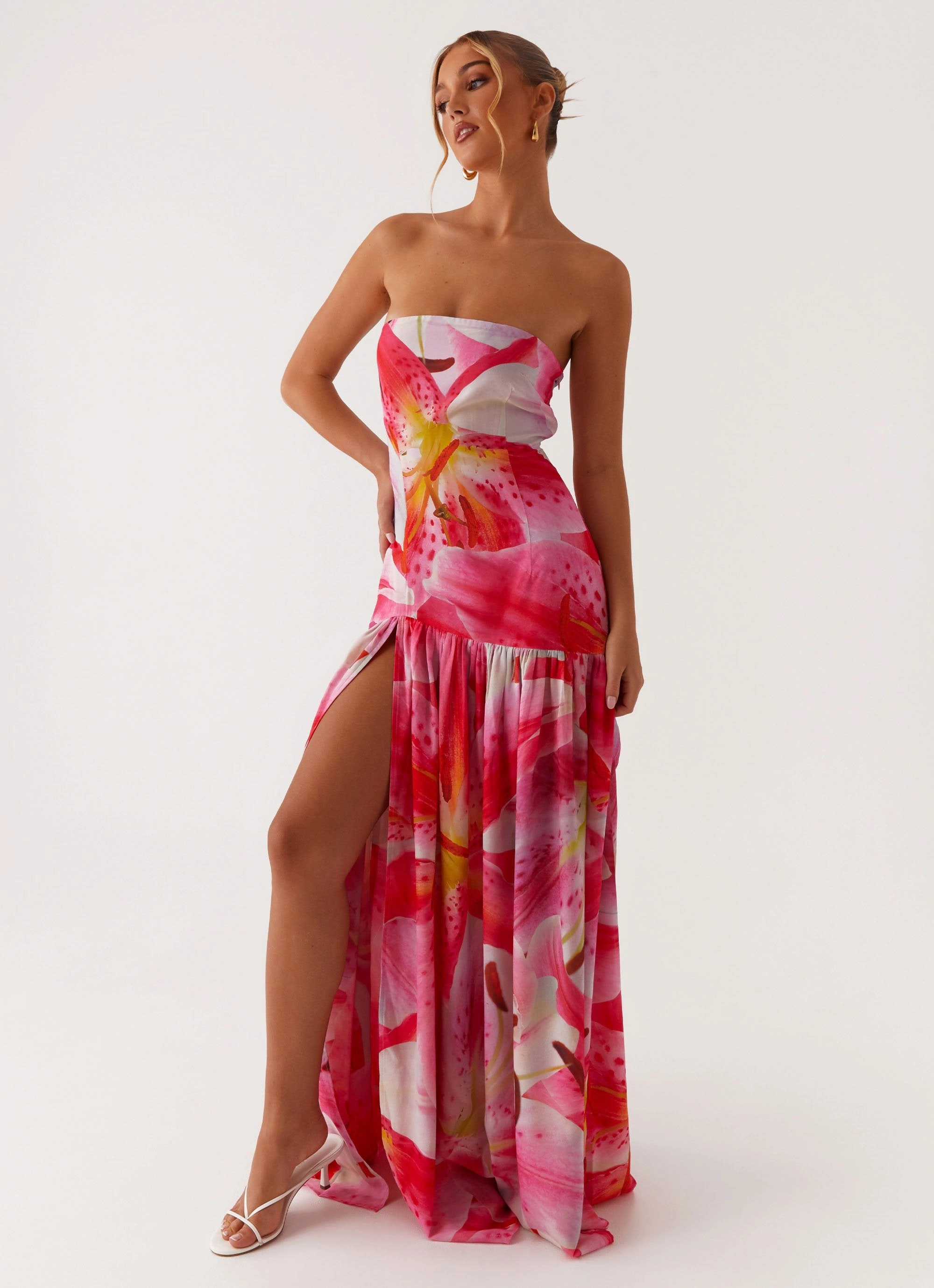 Eden Strapless Maxi Dress - White Pink Lilly Cut-Out-Detail Chilly Day Comfort