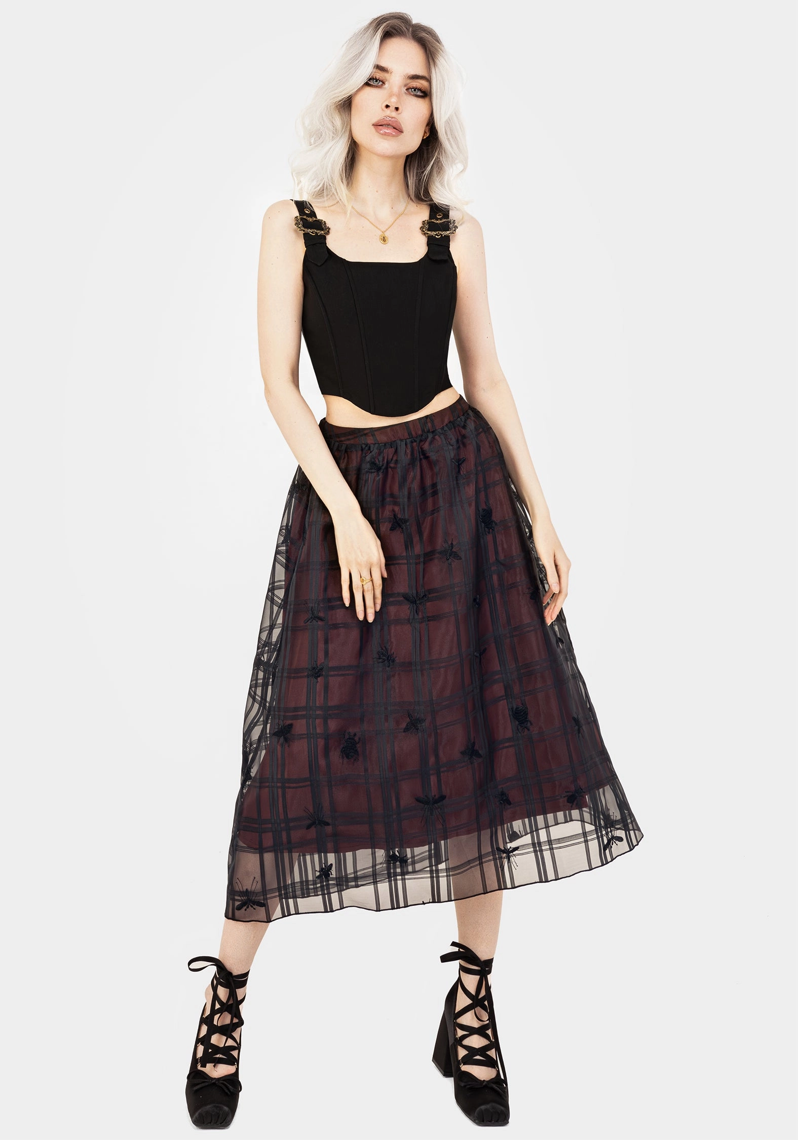 Sedona Organza Check Embroidered Midaxi Skirt Seamless Finish