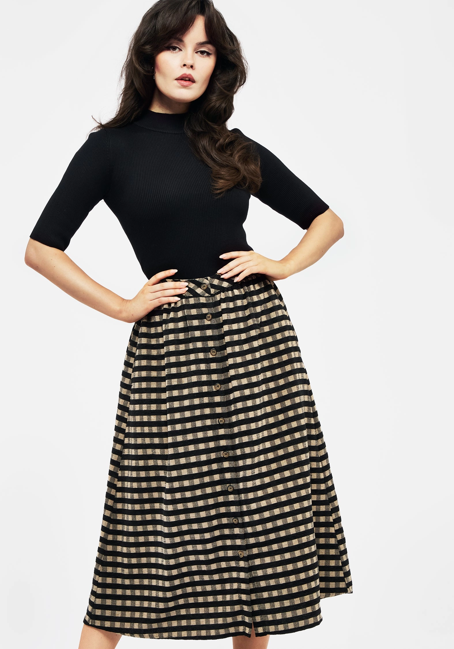Sensus Check Button Front Midi Skirt Feminine Charm