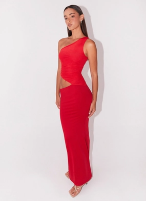 Seranella One Shoulder Maxi Dress - Cherry Red Easy Look Work Vibe