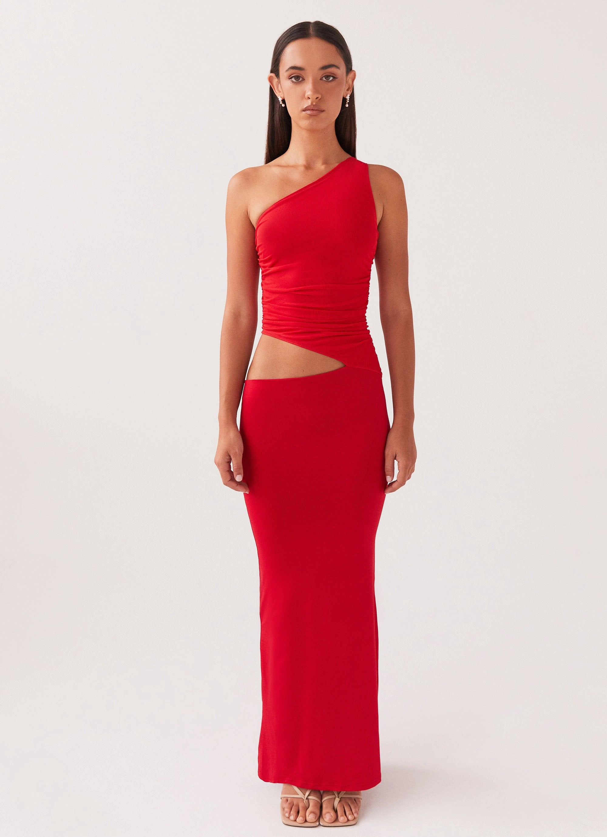Seranella One Shoulder Maxi Dress - Cherry Red Versatile Design Dreamy Drape