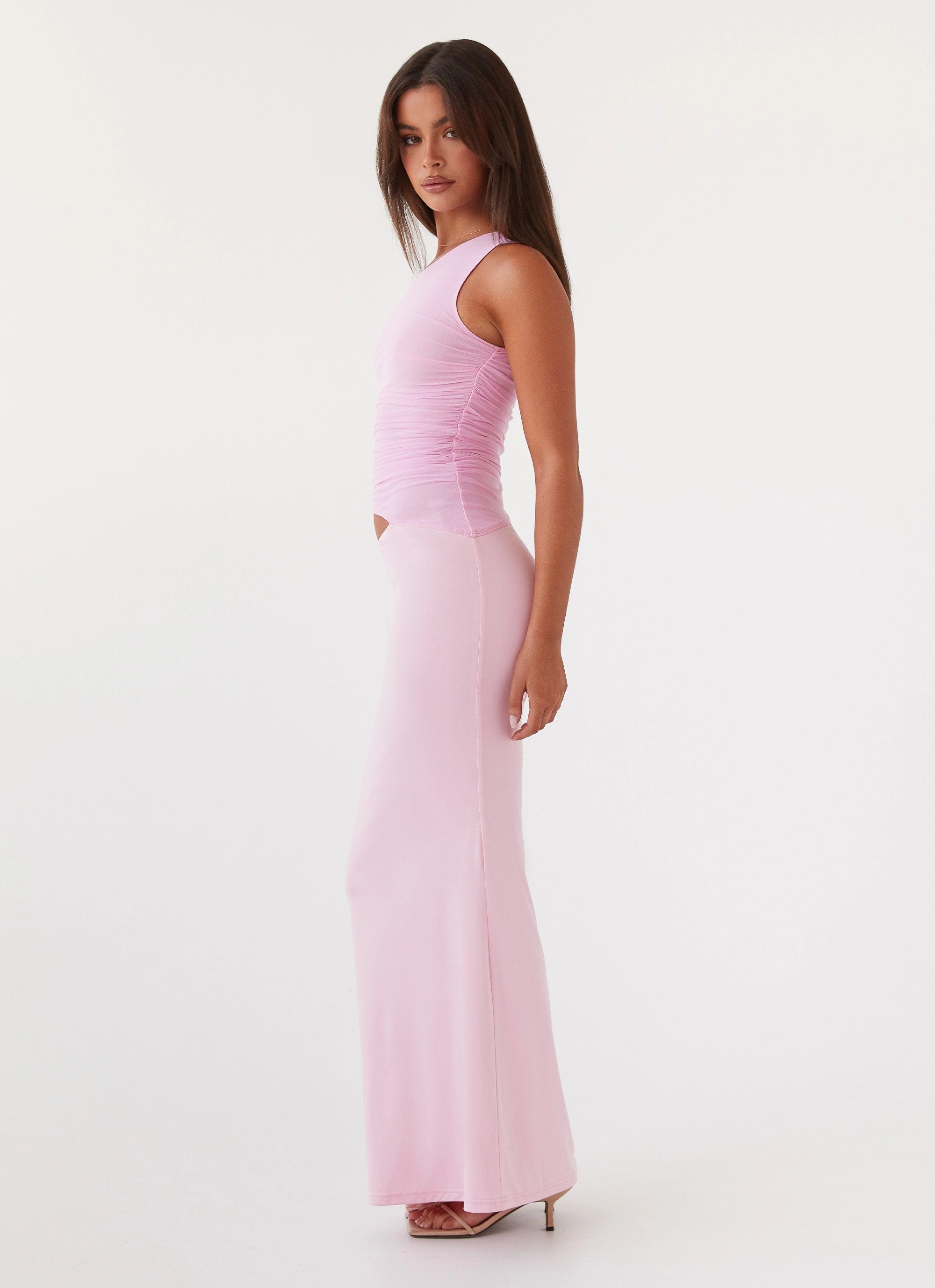 Stylish Waistband Design Seranella One Shoulder Maxi Dress - Pink