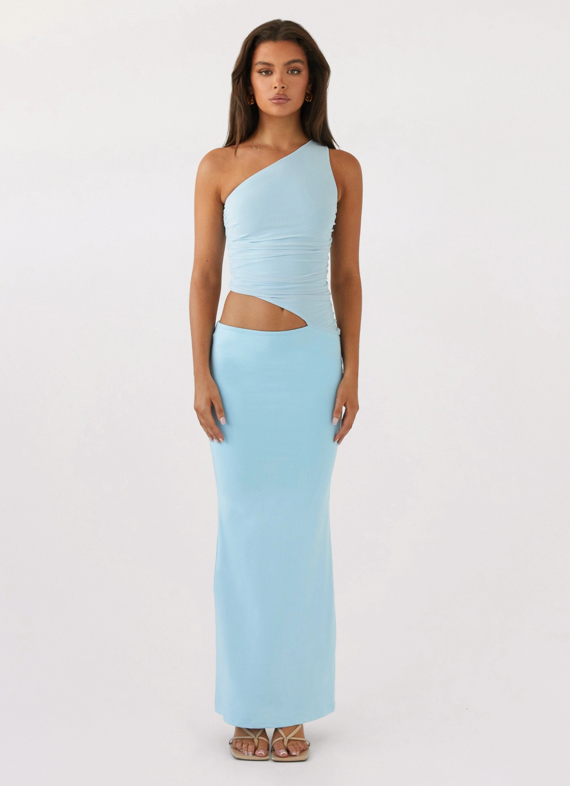 Contemporary Waist Seranella One Shoulder Maxi Dress - Sky Blue