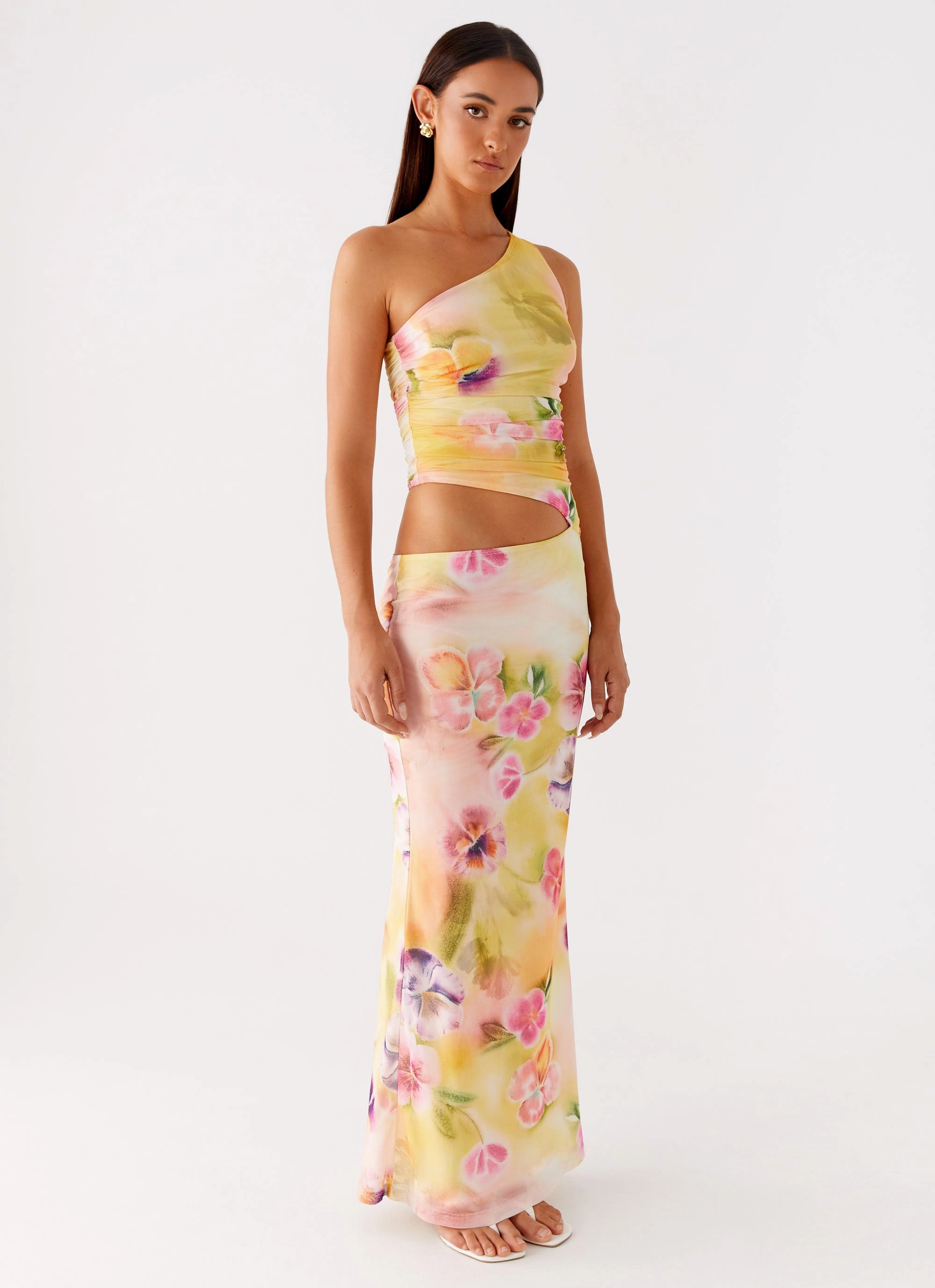 Seranella One Shoulder Maxi Dress - Sunburst Floral Anti-Static-Finish Work-Ready Look