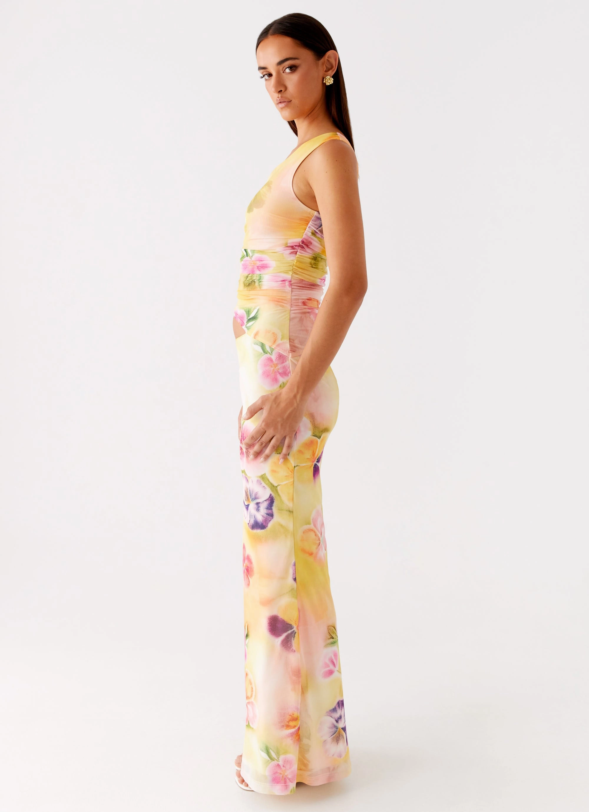 Seranella One Shoulder Maxi Dress - Sunburst Floral Stylish Fit Embroidered-Sleeve