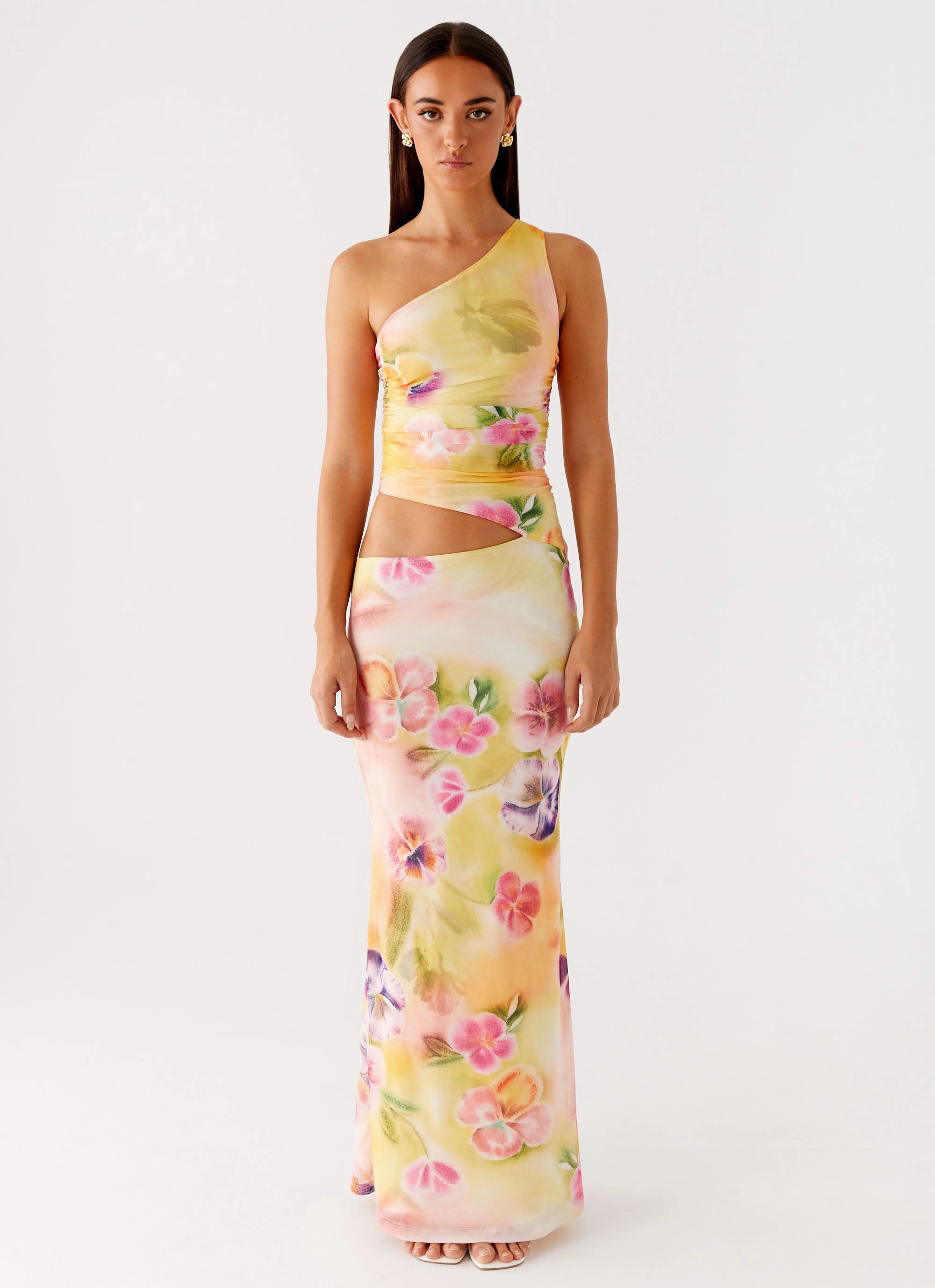 Seranella One Shoulder Maxi Dress - Sunburst Floral Linen Chic