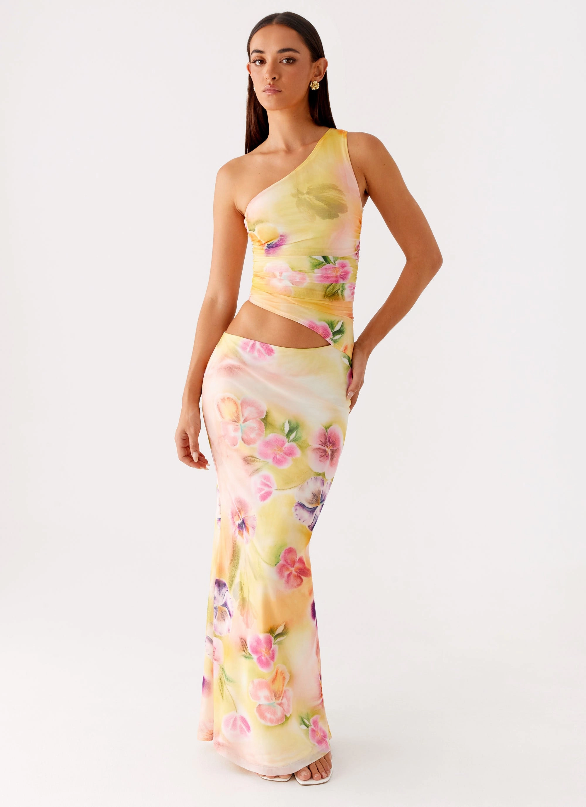 Natural Silhouette Seranella One Shoulder Maxi Dress - Sunburst Floral