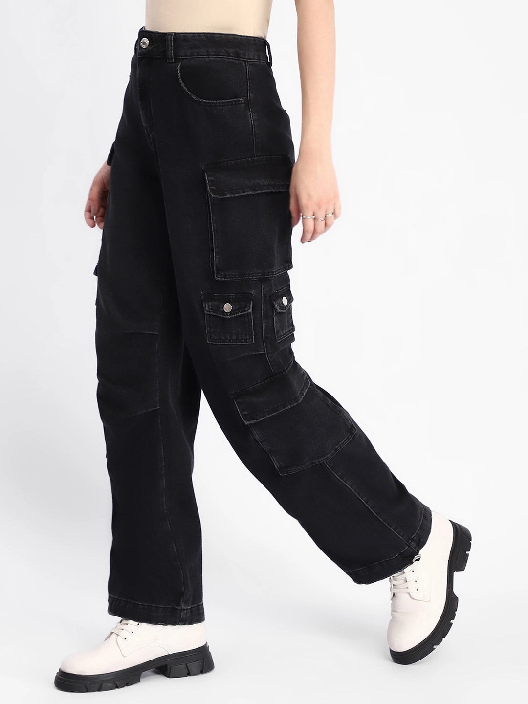 Madame Multi Pocketed Charcoal Black Cotton Denim Cargo Full Coverage