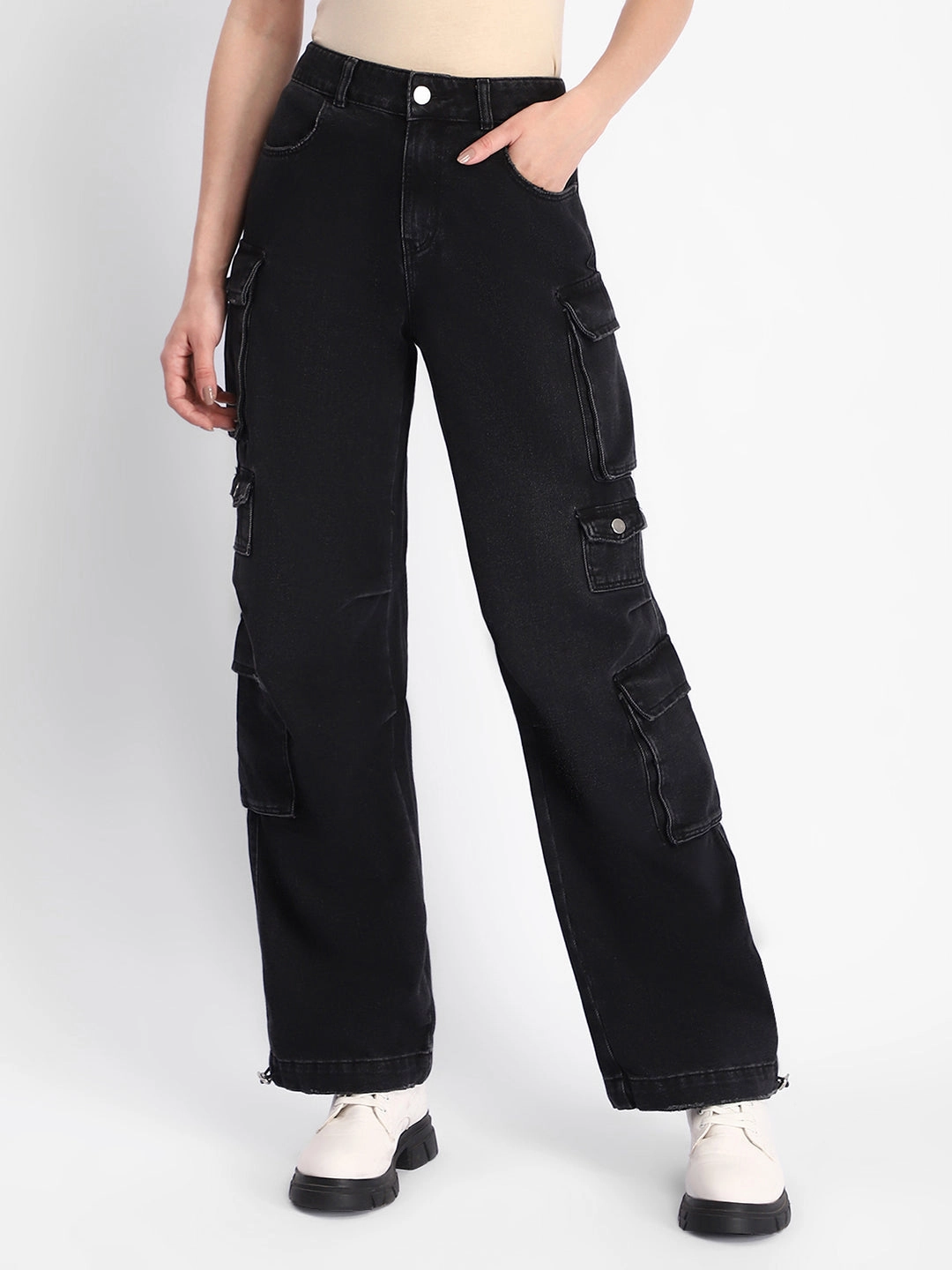 Linen blend Chill Comfort Fit Madame Multi Pocketed Charcoal Black Cotton Denim Cargo