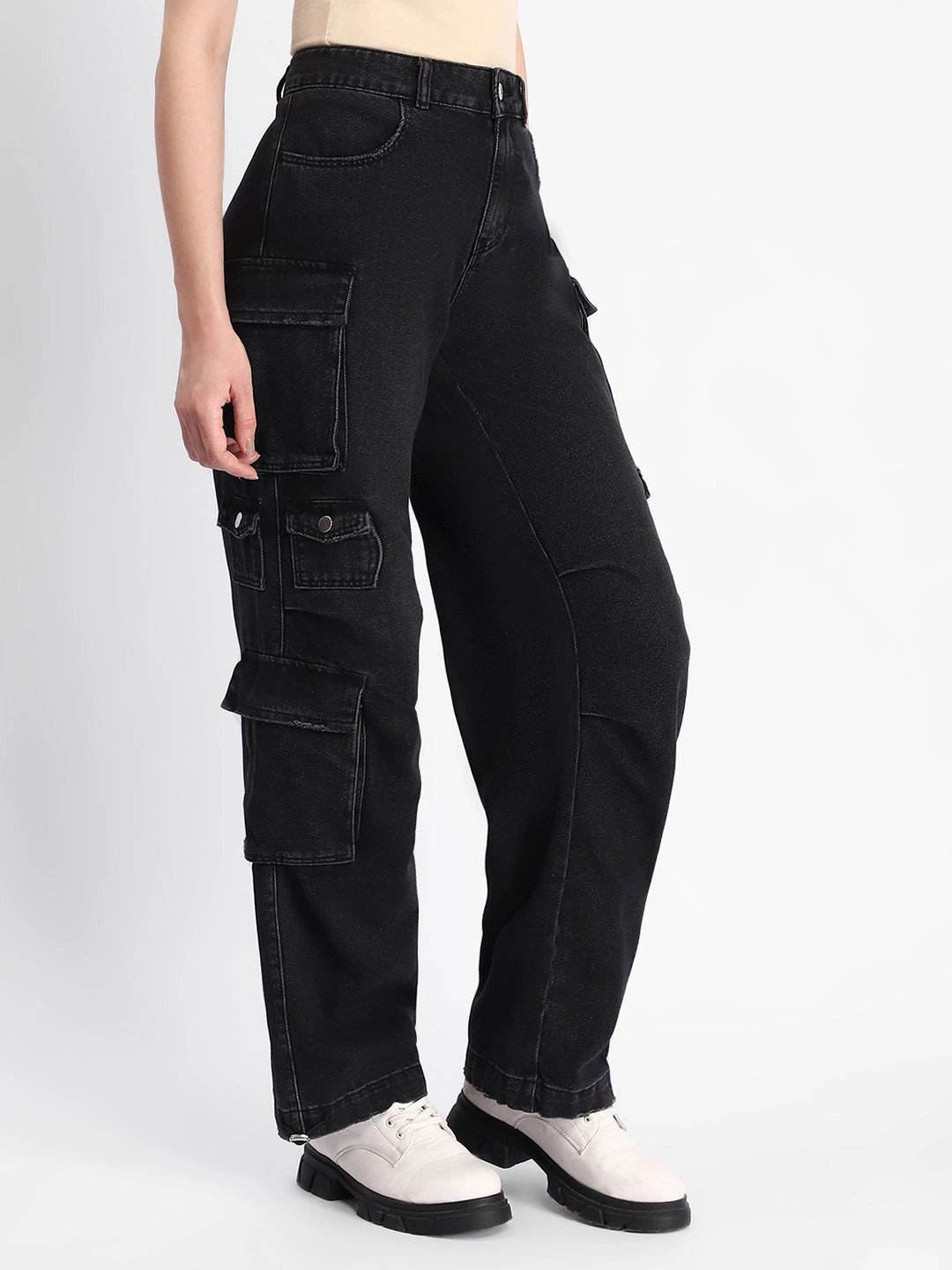 Madame Multi Pocketed Charcoal Black Cotton Denim Cargo OrganicCottonBlend Comfort Waist