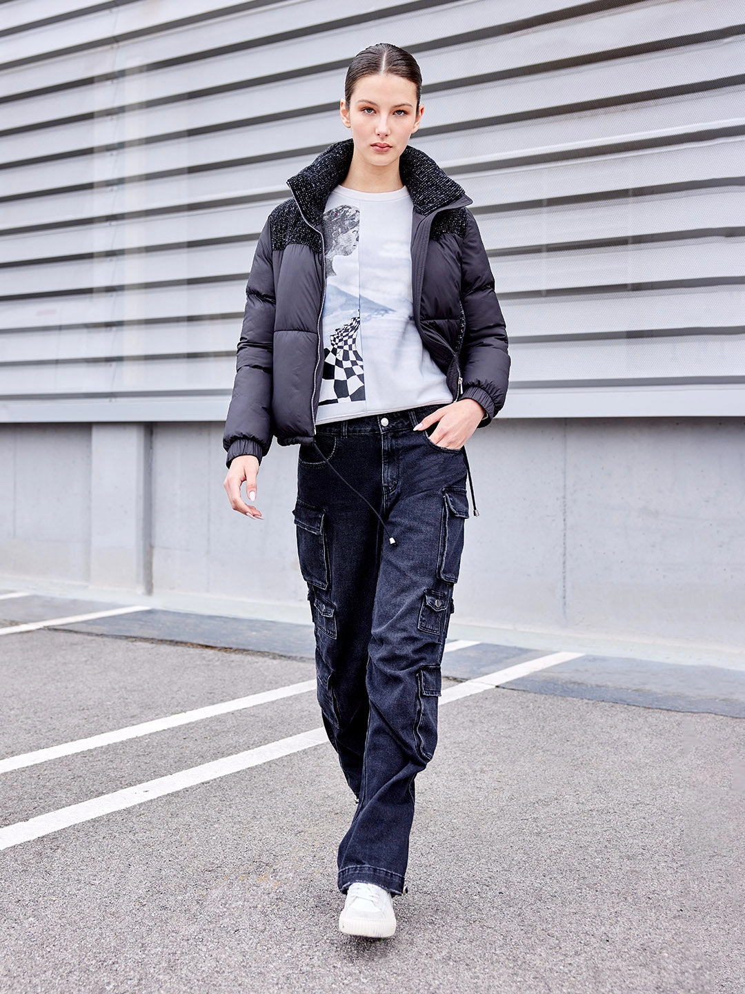 Madame Multi Pocketed Charcoal Black Cotton Denim Cargo NonSlipGrip