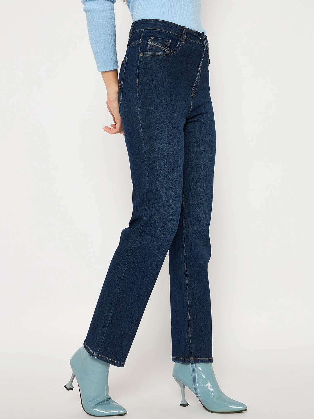 Outfit Basic Balanced Piece Madame Cotton Blend Stone Wash Straight Fit Dark Blue Denim Jeans