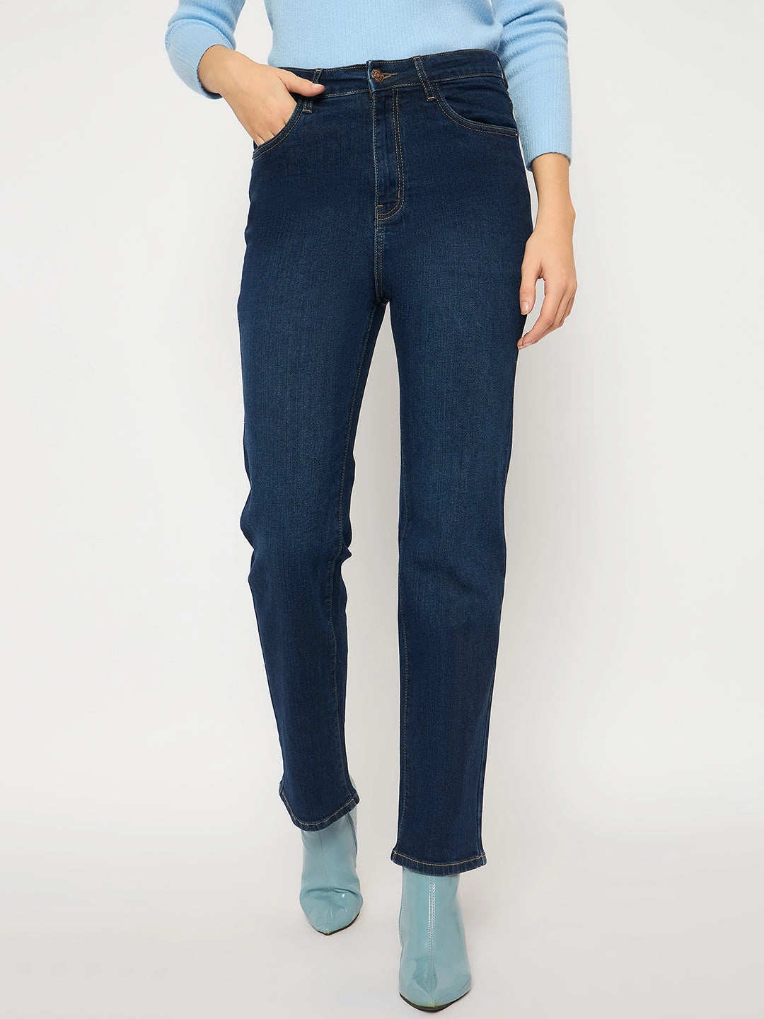 Madame Cotton Blend Stone Wash Straight Fit Dark Blue Denim Jeans Comfort waistband Contemporary Cut
