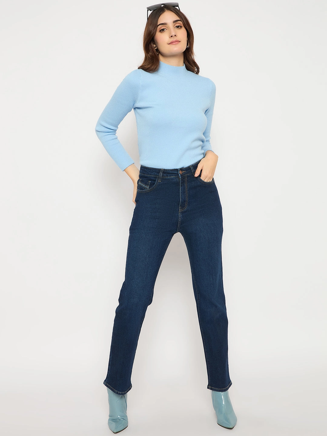 All Round Wear Sustainable Dye Methods Madame Cotton Blend Stone Wash Straight Fit Dark Blue Denim Jeans