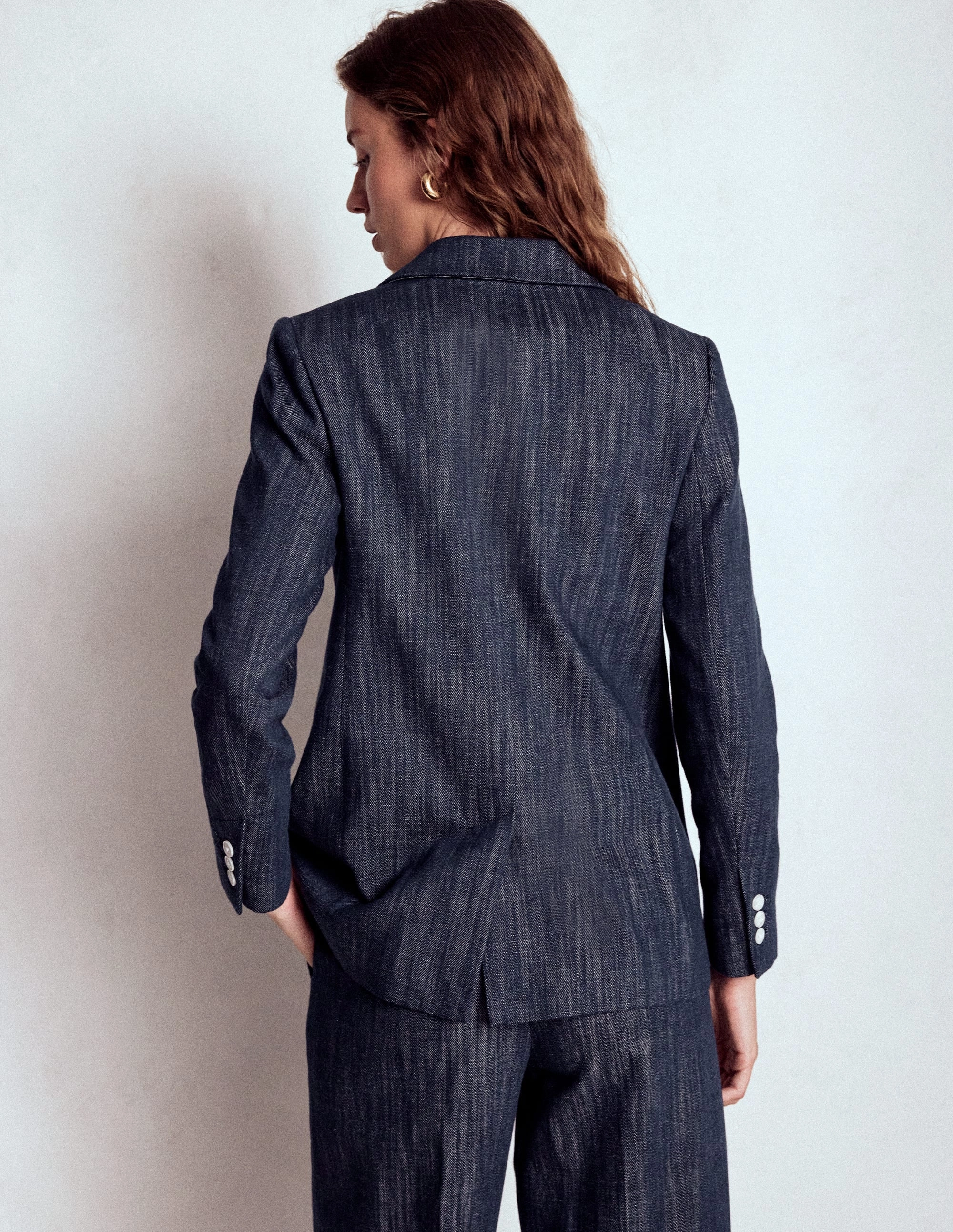 Noise Reduced Fabric Faux Fur Collar Woodbridge Twill Blazer-Navy, Indigo