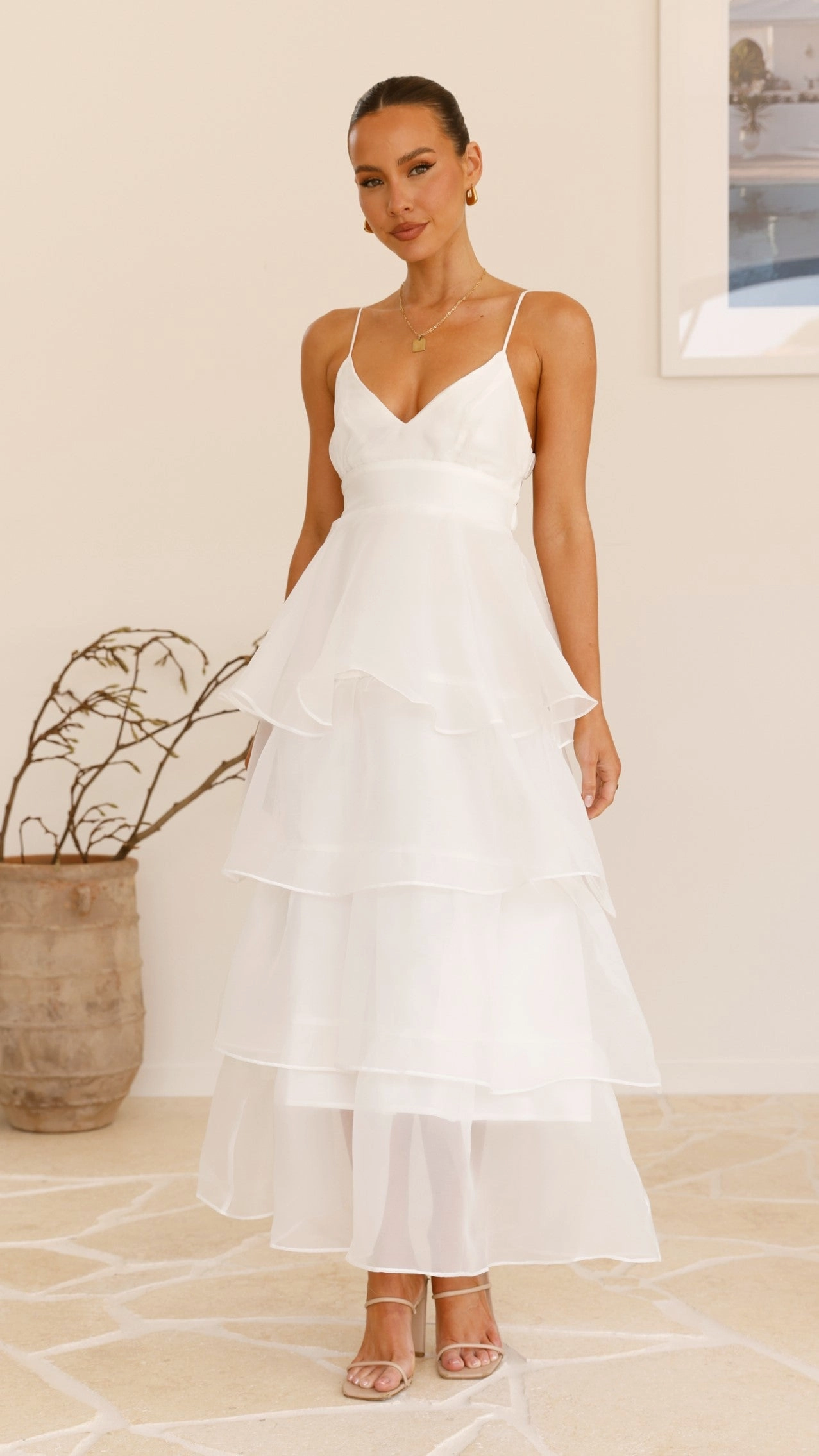 Shayla Maxi Dress - White Gathered-Detail Soft Material