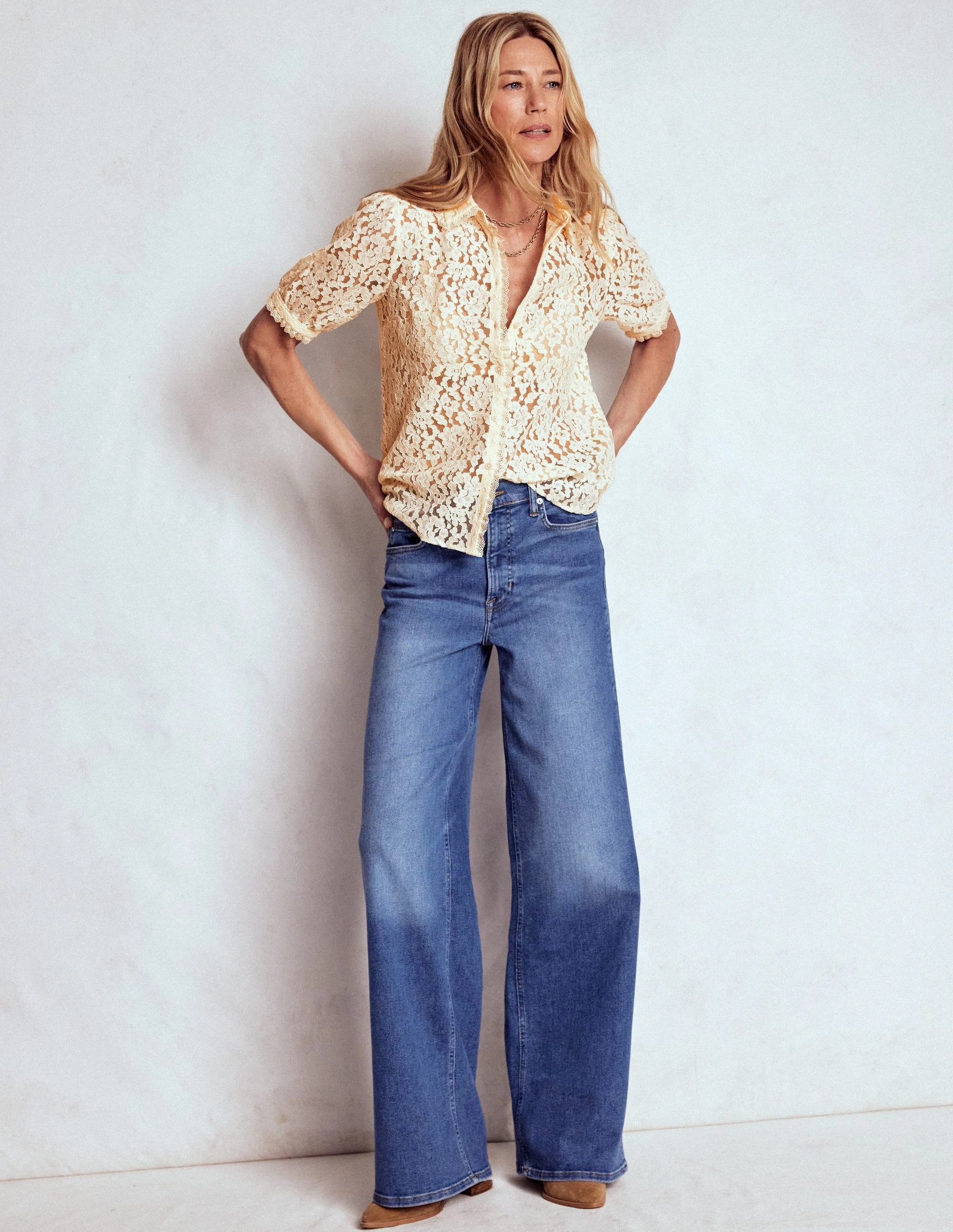 Short Sleeve Lace Blouse-Ivory PlacketDetail NoSlip Grip