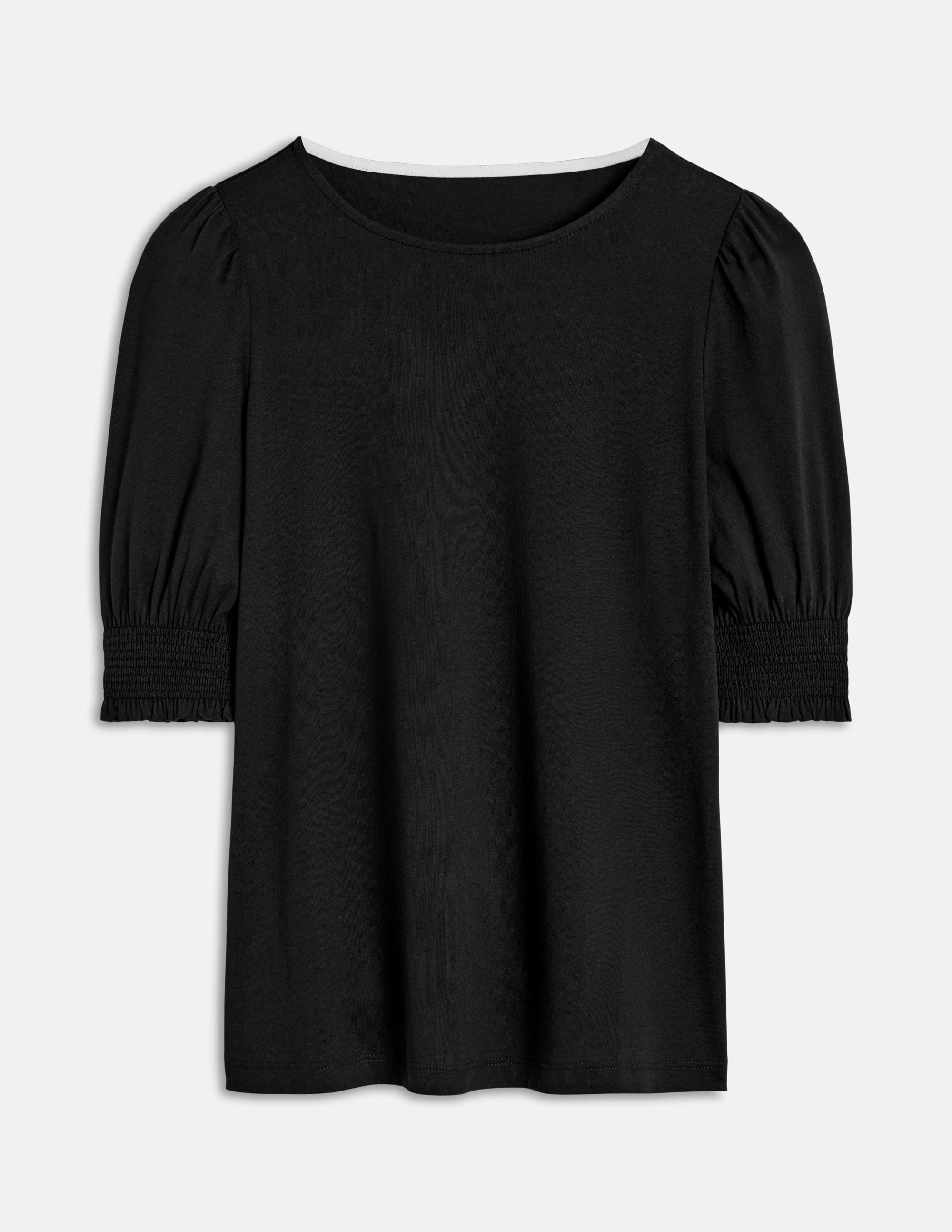 RecycledPolyesterBlend Street Style Short Sleeve Smocked Cuff Top-Black