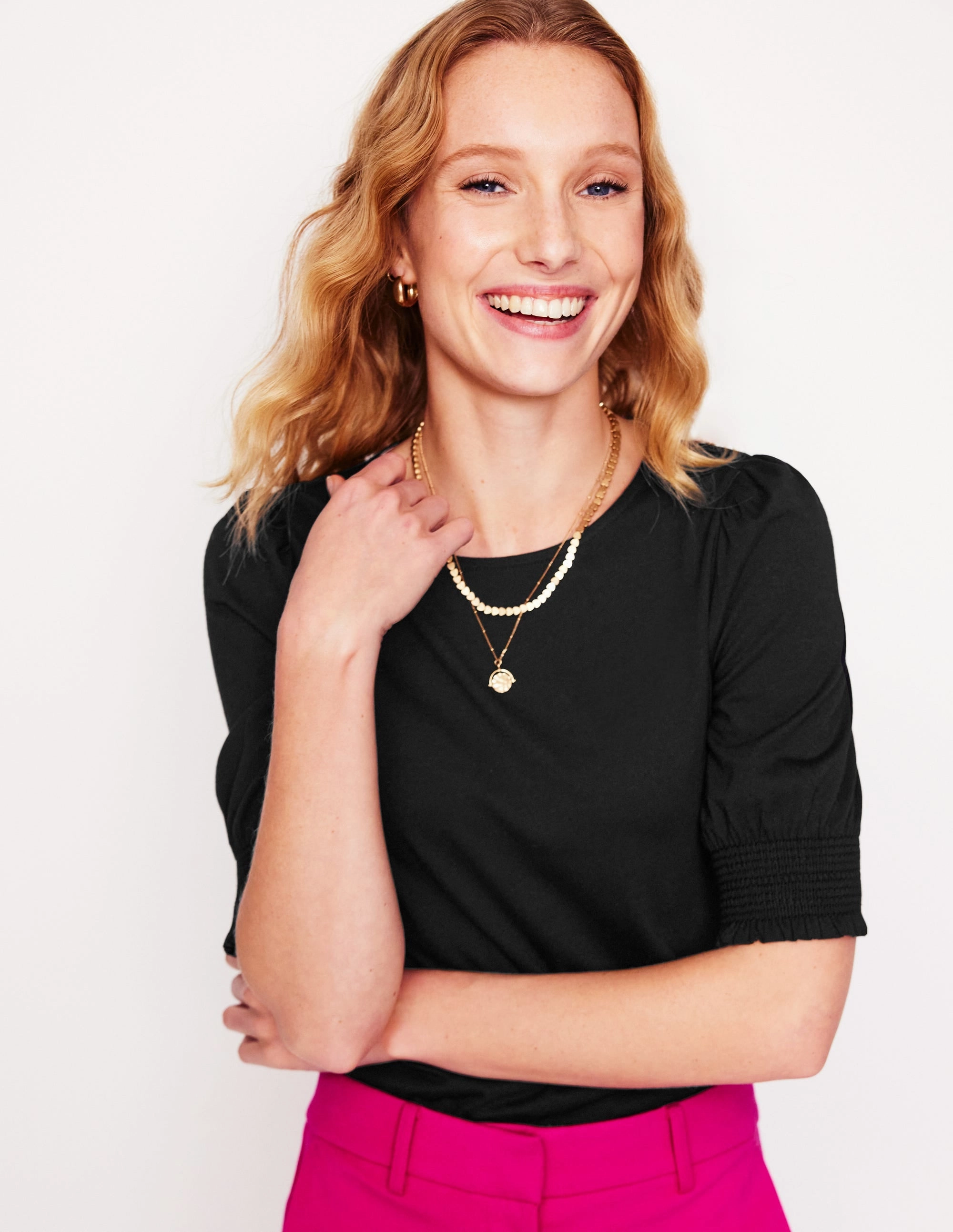 Short Sleeve Smocked Cuff Top-Black Biodegradable Fiber Blend Ultra Soft Texture
