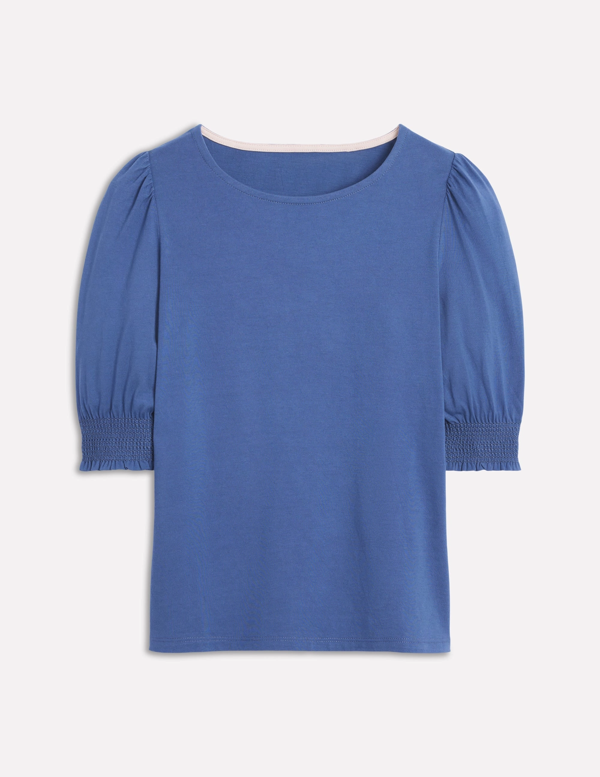 Short Sleeve Smocked Cuff Top-Denim Blue Bound Seam Finish Vintage Pullover