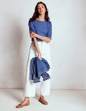 Short Sleeve Smocked Cuff Top-Denim Blue Unstructured Silhouette