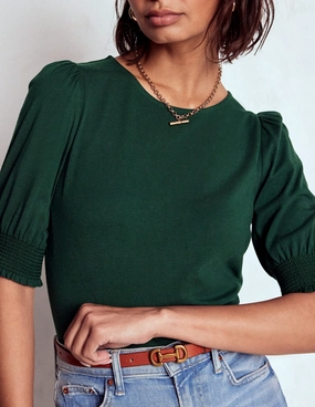 Short Sleeve Smocked Cuff Top-Green Pine Hypoallergenic Inner Layer PreShrunk Fabric