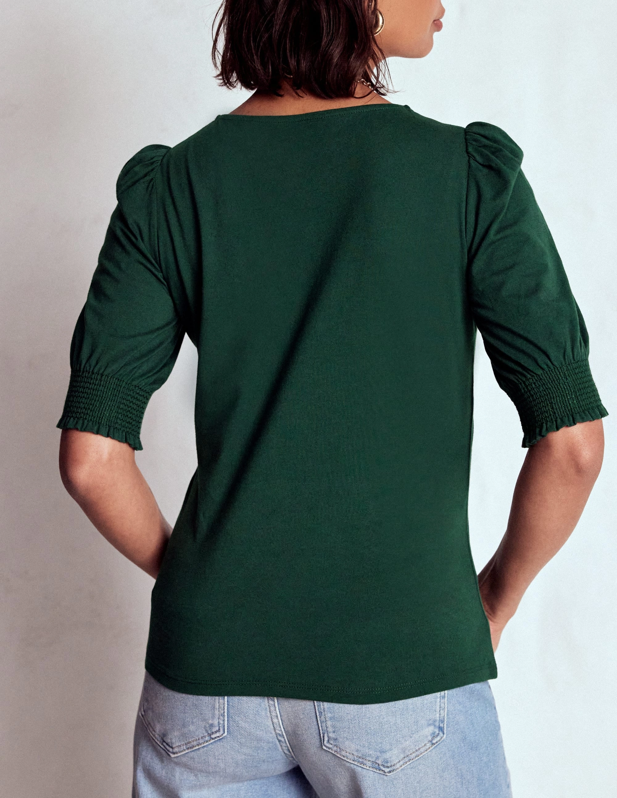 Short Sleeve Smocked Cuff Top-Green Pine Stretchable Waistband