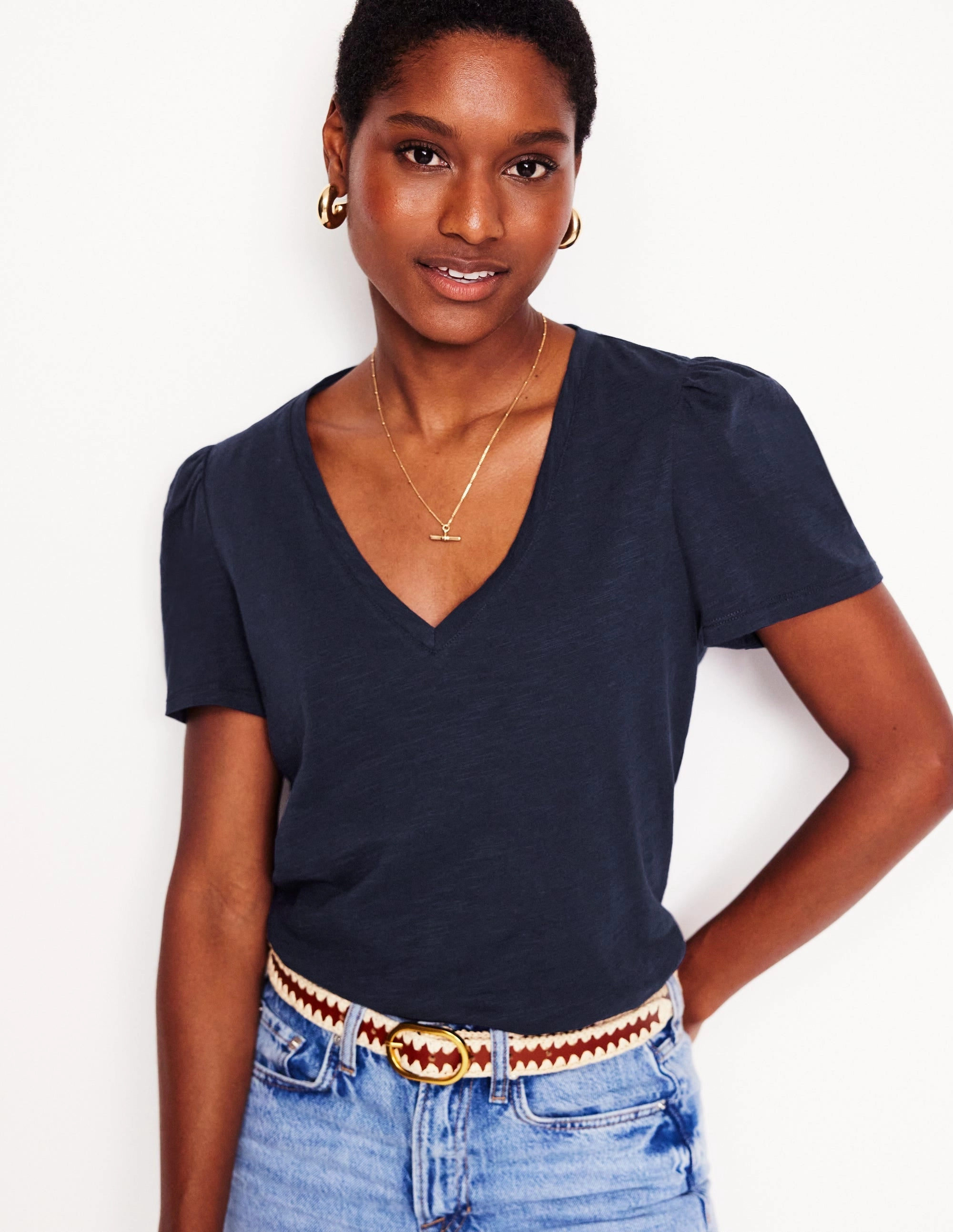 Short Sleeve V Neck T-shirt-Navy Flexible Neckline Anti Pill Surface