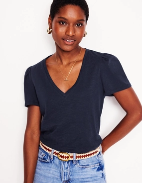 Short Sleeve V Neck T-shirt-Navy Flexible Neckline Anti Pill Surface